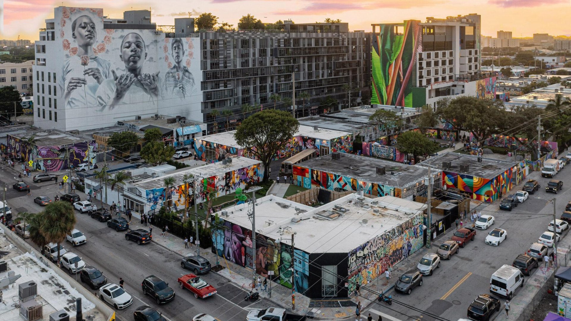 Aerial view of Wynwood Miami featuring colorful street art murals and warehouses - The Edit Real Estate