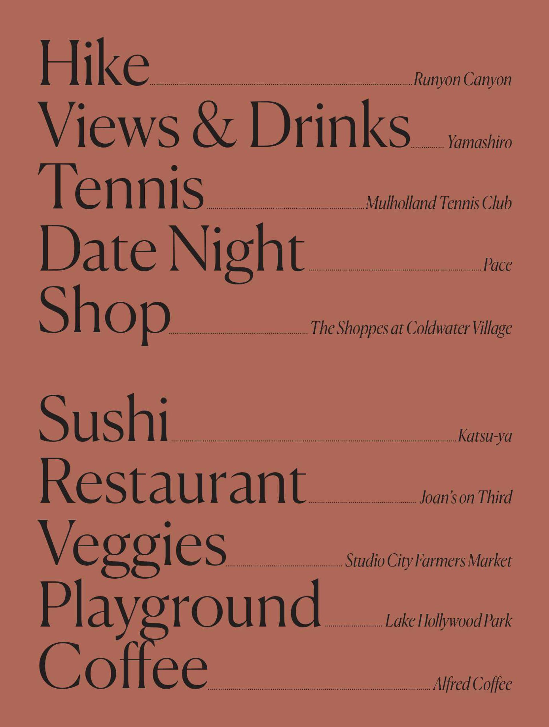 Nichols Canyon guide to local activities and places, including Runyon Canyon, Yamashiro, Mulholland Tennis Club, and Alfred Coffee.
