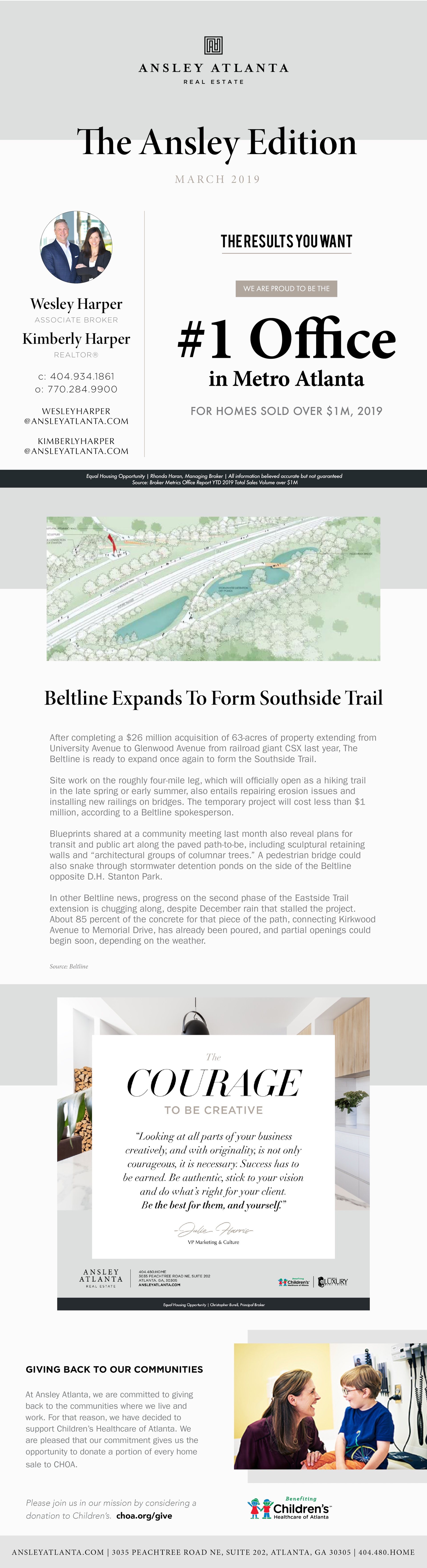 March 2019 Ansley Atlanta newsletter featuring Wesley and Kimberly Harper, Beltline news, and community giving.