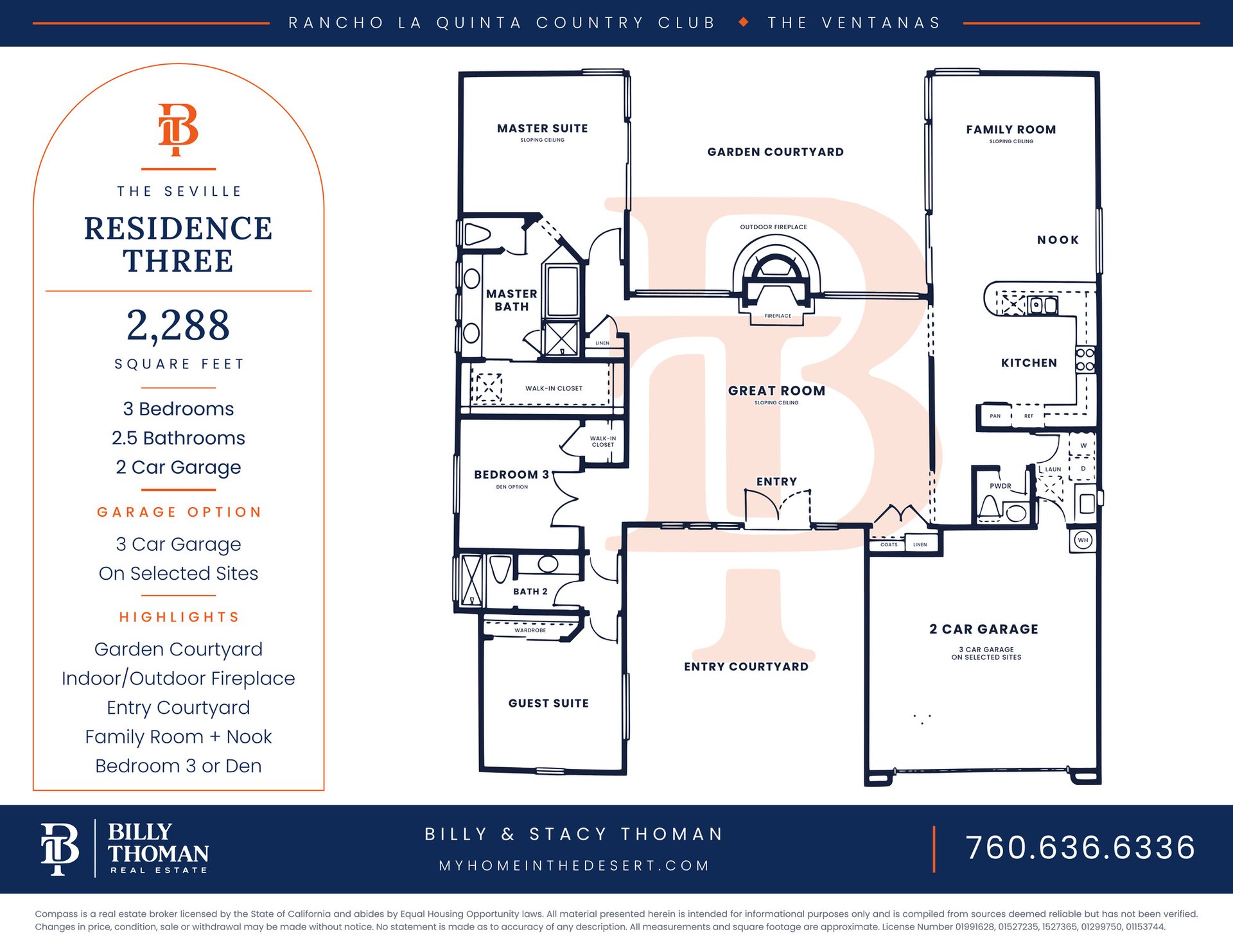 Rancho La Quinta Country Club Seville Residence Three floor plan, 3 bedroom 2.5 bath 2,288 sq ft single story home with garden courtyard