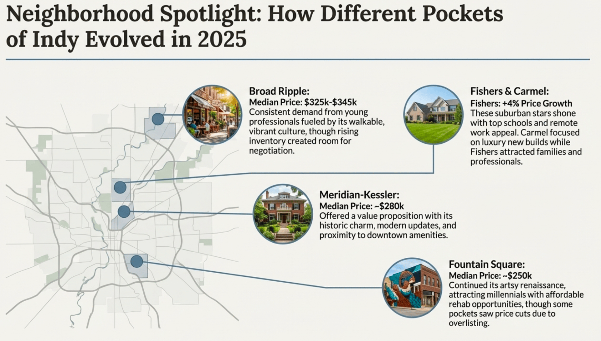 Neighborhood Spotlight 2025: How Indianapolis areas evolved &ndash; Broad Ripple ($325k-$345k, walkable vibe), Fishers & Carmel (+4% growth, family-friendly suburbs), Meridian-Kessler (~$280k historic value), Fountain Square (~$250k artsy renaissance) on Indy map