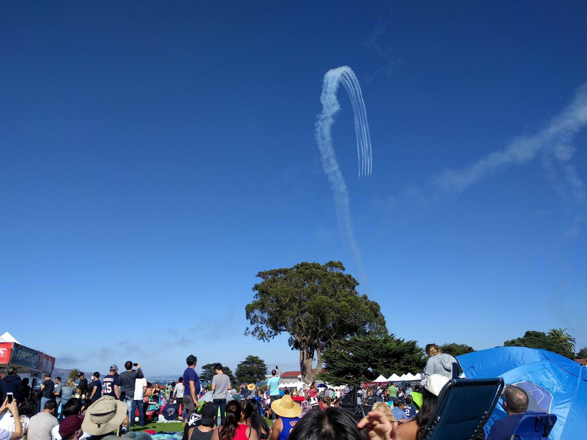 People enjoying Presidio Picnic beneath a blue sky