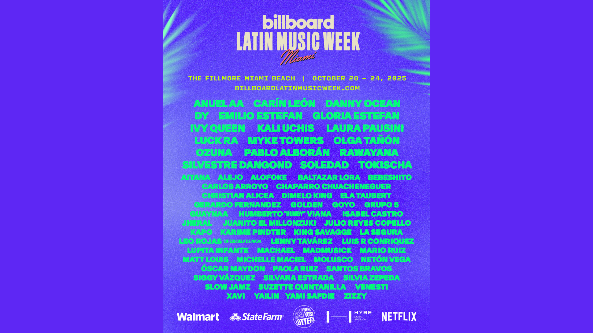 Billboard Latin Music Week 2025 event poster with vibrant purple and green design featuring artist lineup at Fillmore Miami Beach October 20-24
