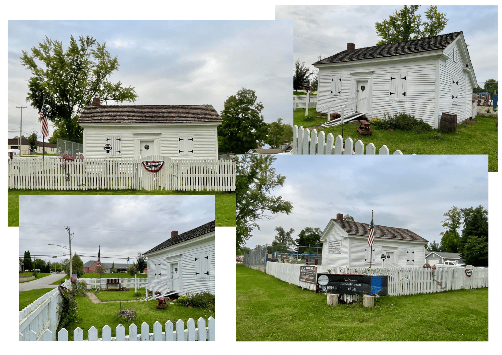 Historic white Warner Schoolhouse with black shutters, a picket fence, and an American flag.