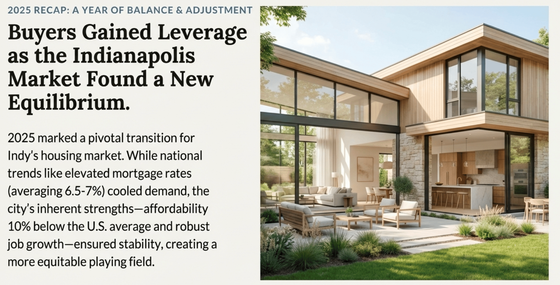 2025 Recap: Buyers gained leverage in the Indianapolis housing market as elevated mortgage rates and surging inventory created a balanced, equitable environment &ndash; modern luxury home with open-concept living and outdoor space