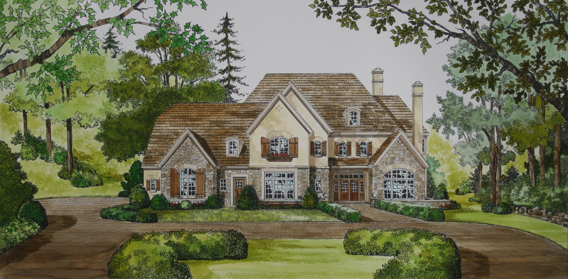 Illustrated two-story stone-and-stucco home with a gabled roof, landscaped grounds, and curved driveway.
