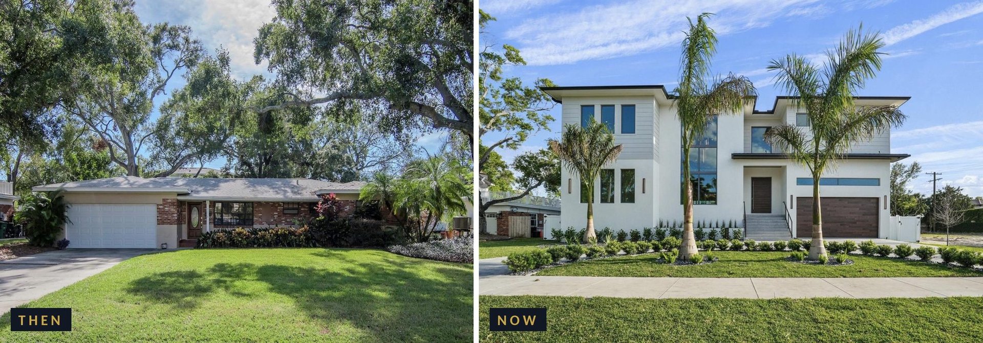 Before and after photos of a Sunset Park lot in South Tampa, a one-story ranch home replaced by a much larger new build, illustrating rising property taxes