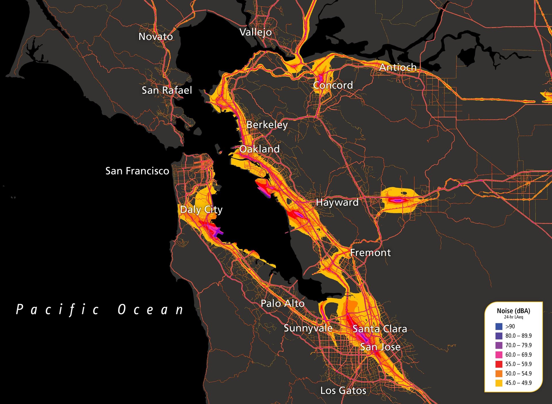 San Francisco Bay Area noise map highlighting noise levels in decibels (dBA) across various cities, including San Francisco, Oakland, San Jose, and surrounding areas. Color gradients indicate different noise intensities, with major highways, airports, and urban centers showing the highest levels.