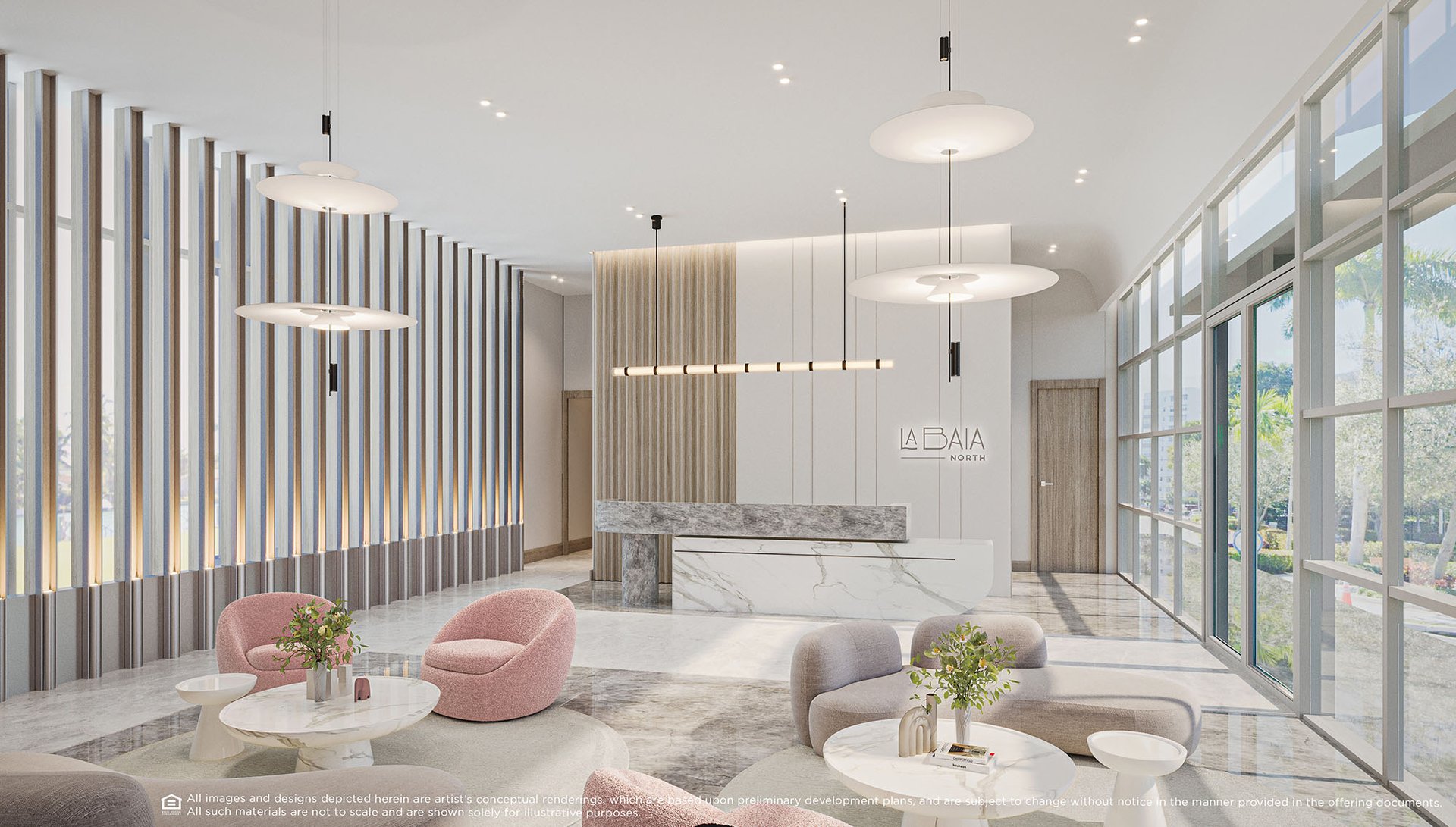La Baia North lobby with marble reception desk, tall windows, pendant lights, and lounge seating.