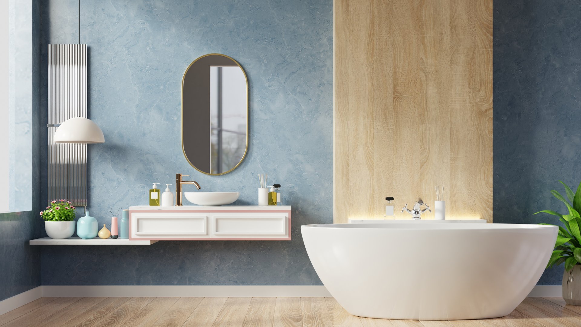 Modern spa bathroom with blue textured walls, wood accent panel, and freestanding tub - The Edit Real Estate Miami