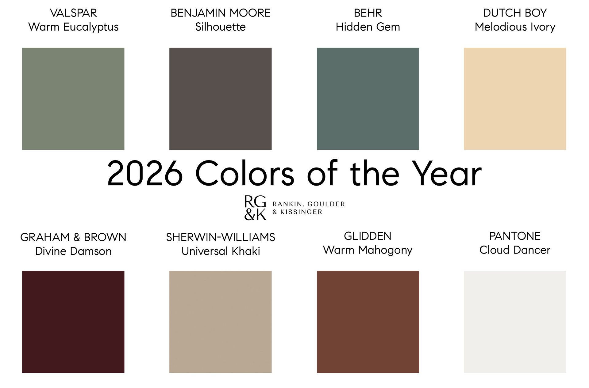2026 Paint Colors of the Year - Valspar, Sherwin Williams, Behr, Graham & Brown, Glidden, Dutch Boy, Benjamin Moore, Pantone
