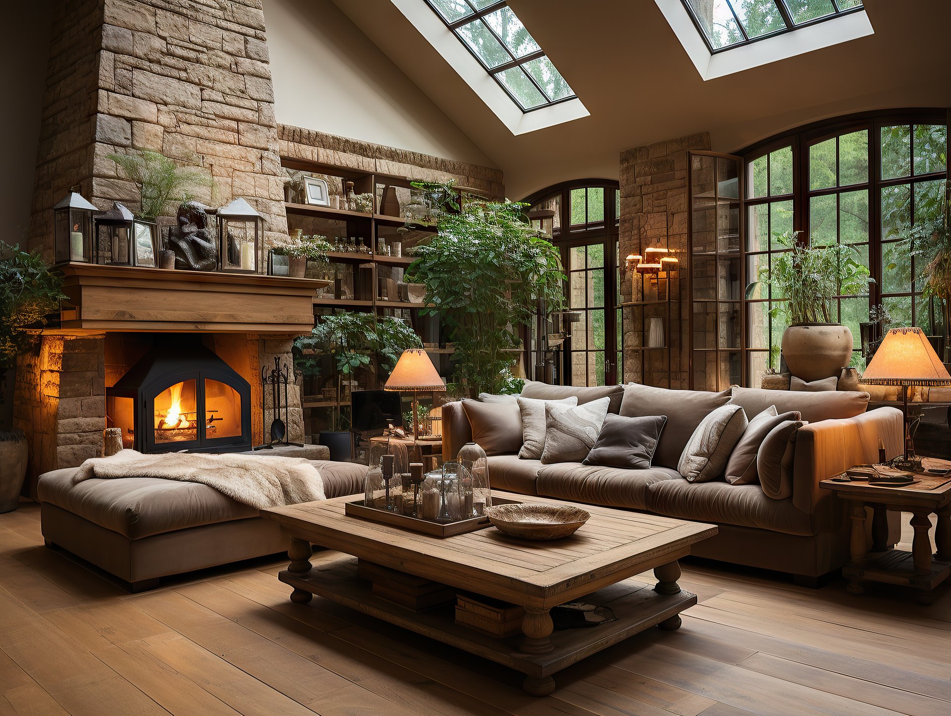 Living room with a stone fireplace, expansive windows, skylights, and a large sectional sofa.