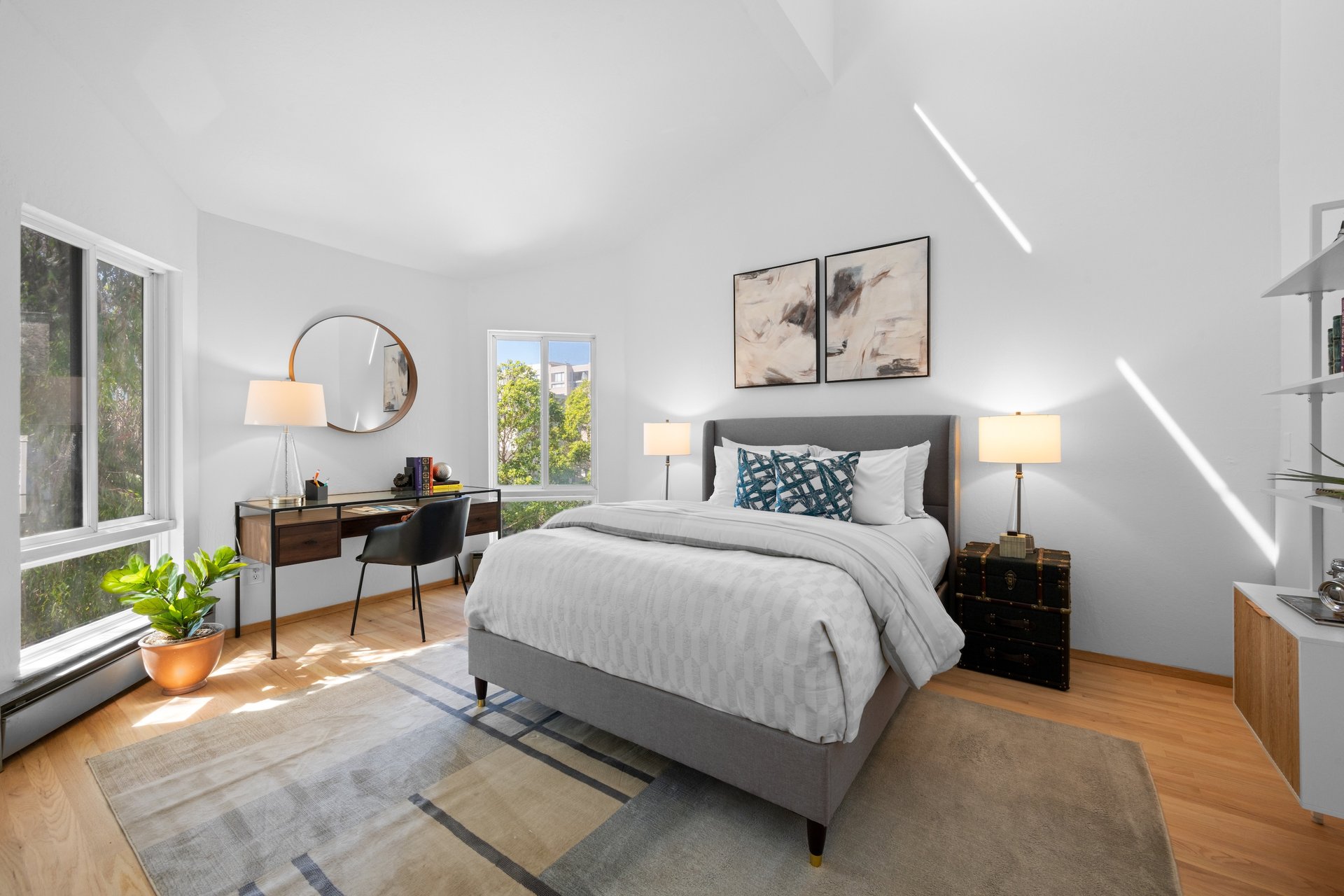 The downstairs bedroom lets in a lot of light and is well proportioned.