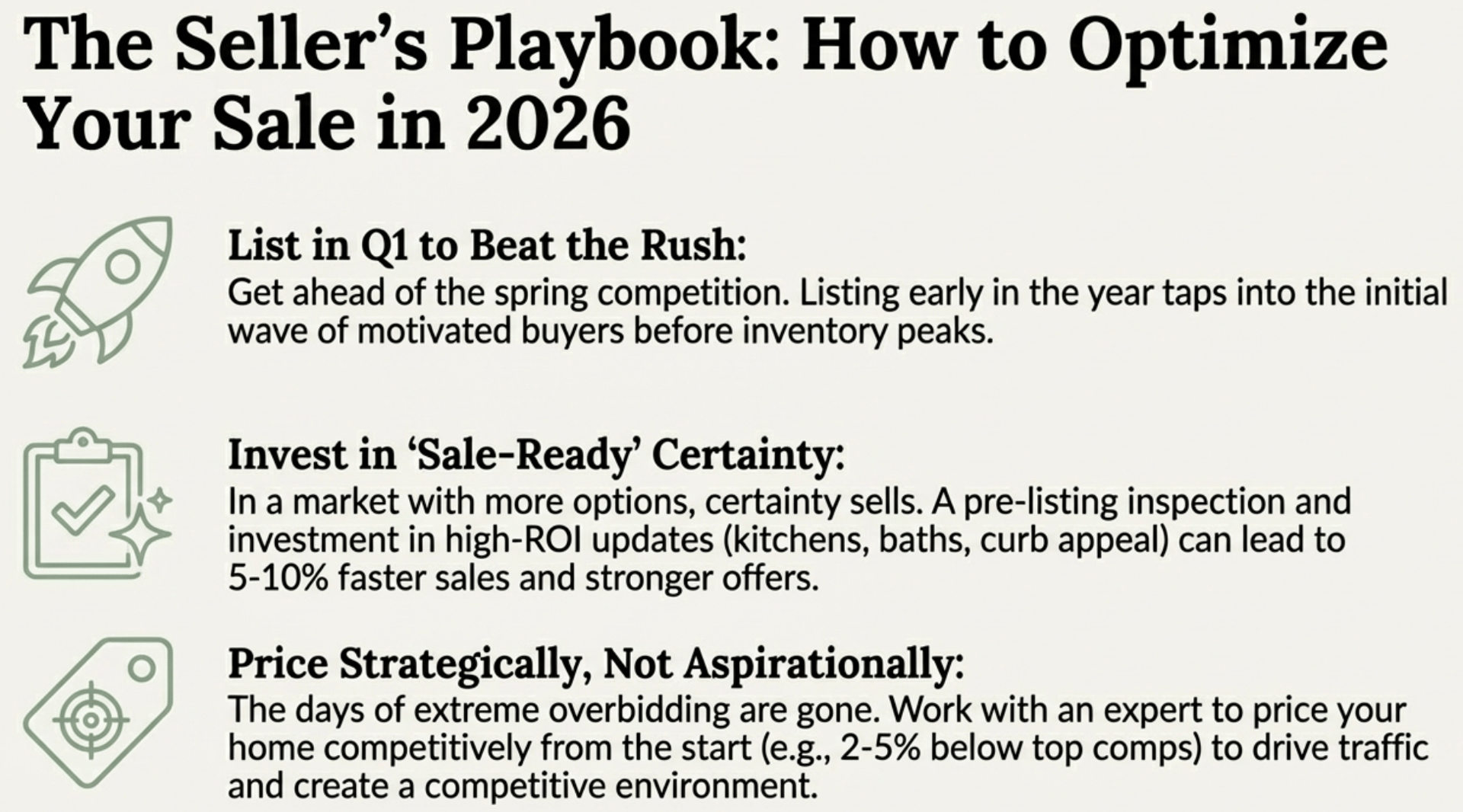 Seller's Playbook 2026: How to optimize your Indianapolis home sale &ndash; list in Q1 to beat competition, invest in sale-ready updates (kitchen, bath, curb appeal), price strategically 2-5% below comps for faster sales and stronger offers