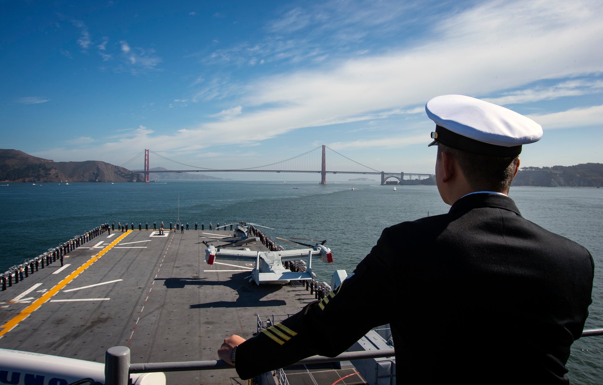 Navy ship during San Francisco Fleet Week near the Golden Gate Bridge