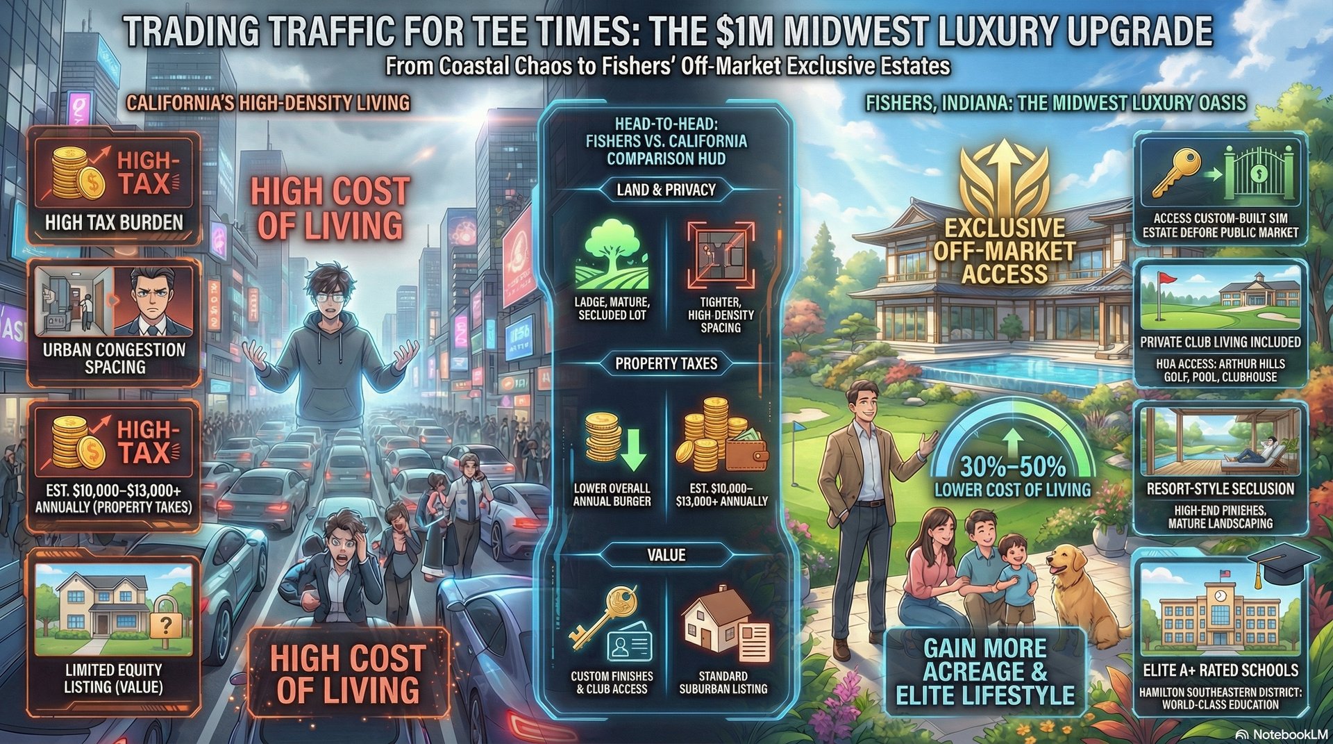 Luxury custom home exterior in The Hawthorns Golf & Country Club community, Fishers Indiana - spacious private lot with mature landscaping and golf course views