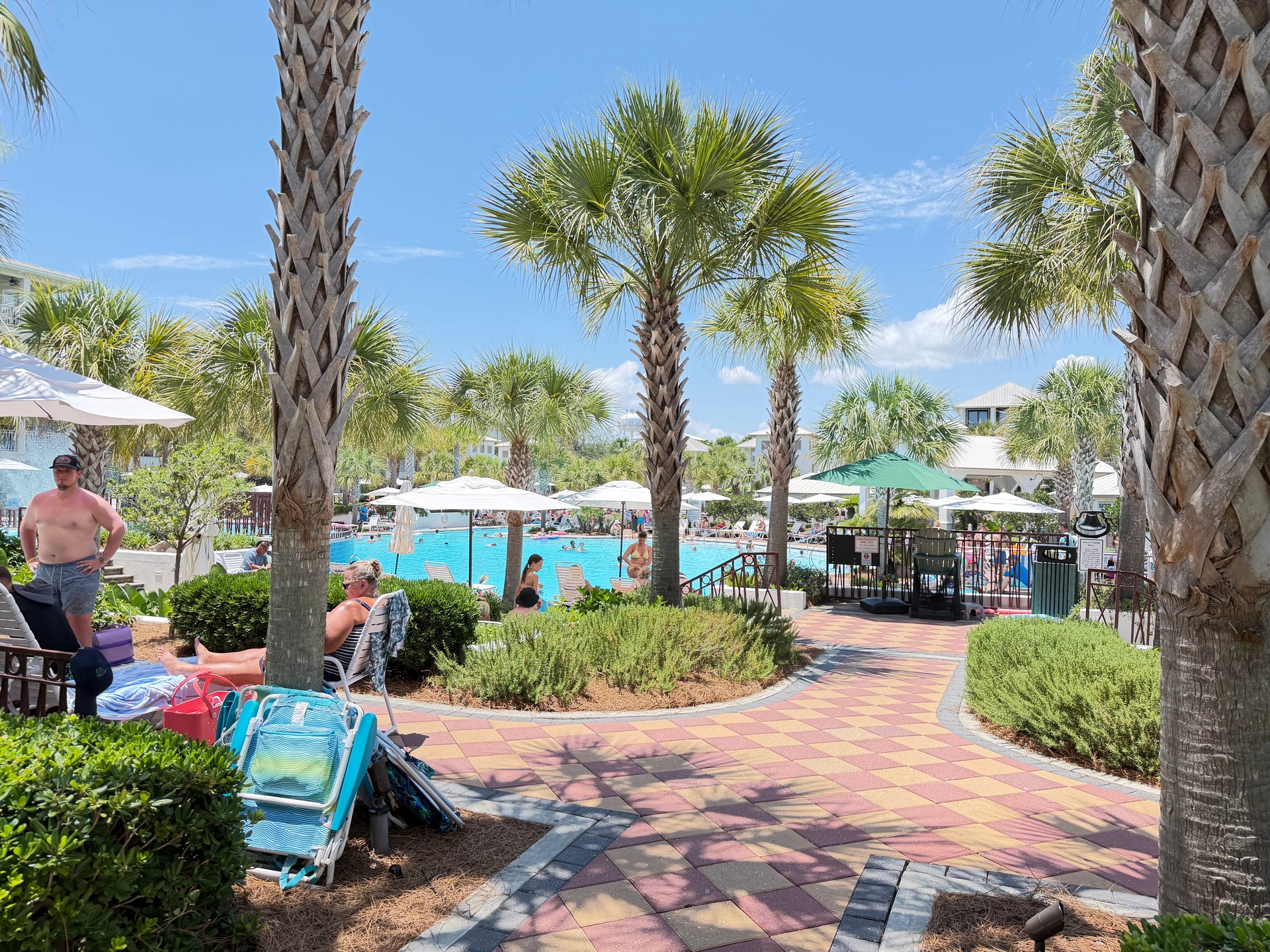 Seacrest Beach lagoon pool with palm trees, lounge chairs and a patterned pool deck