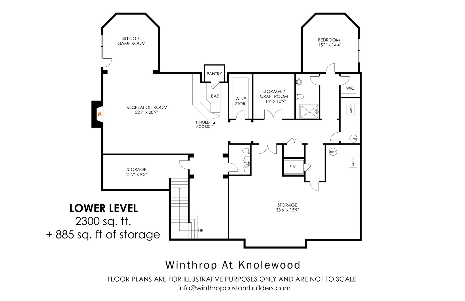 Lower-level floor plan for Winthrop At Knolewood, with recreation room, bedroom, bar, and storage areas.