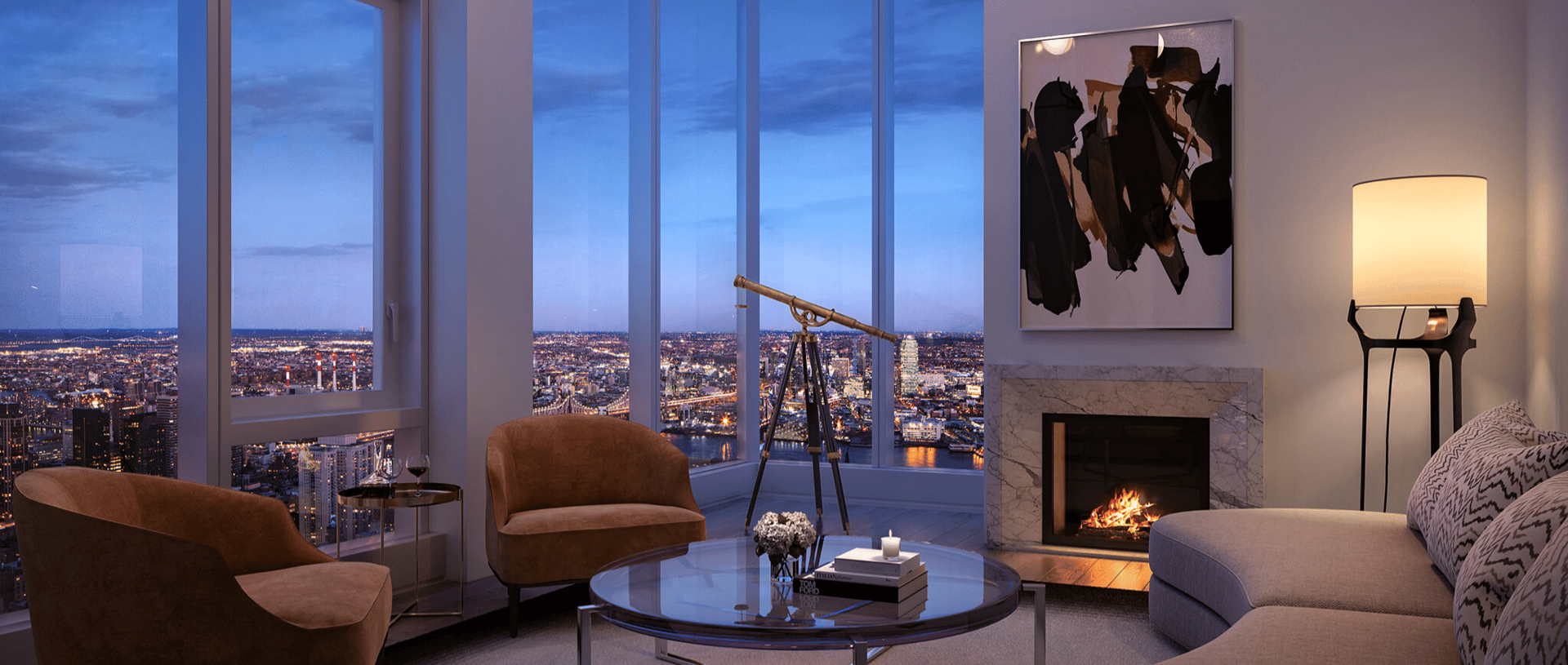 High-rise living room with a marble fireplace, telescope, and city skyline views at dusk.