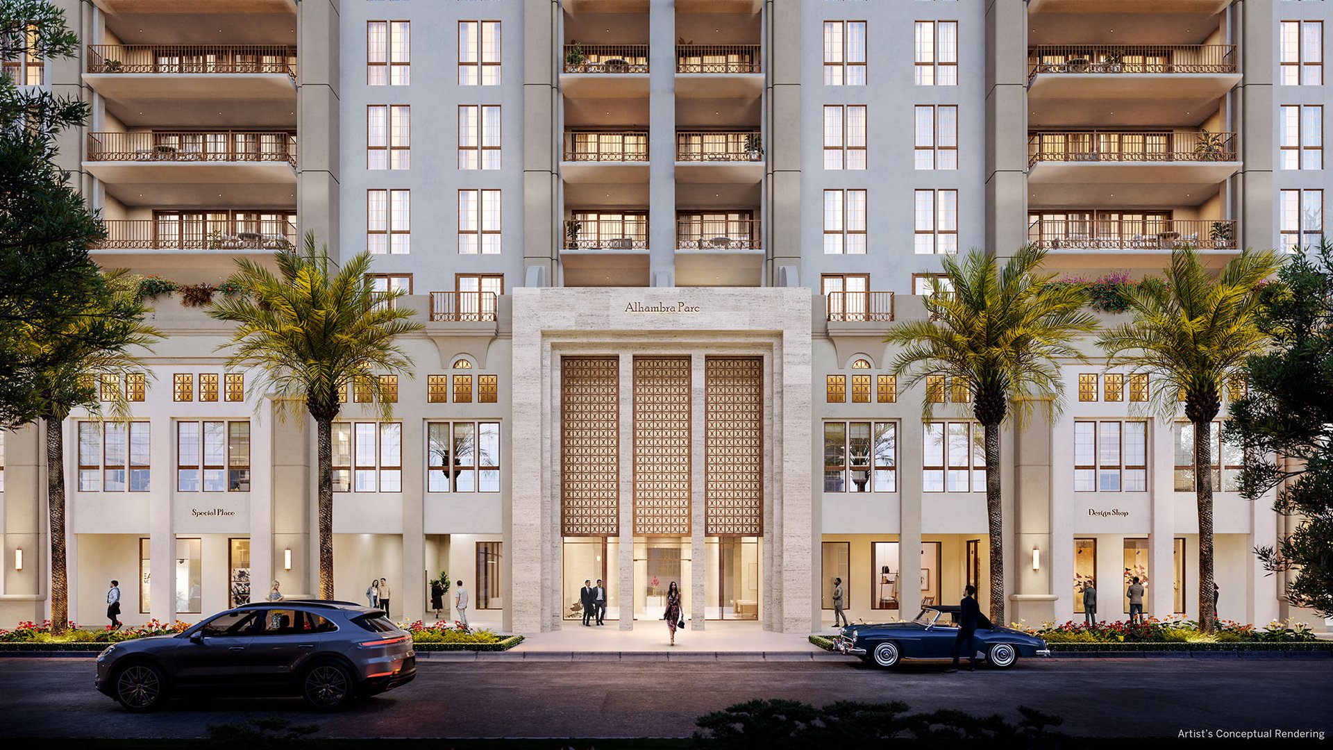Alhambra Parc residence entrance with a patterned central doorway, palm trees, balconies, and cars.
