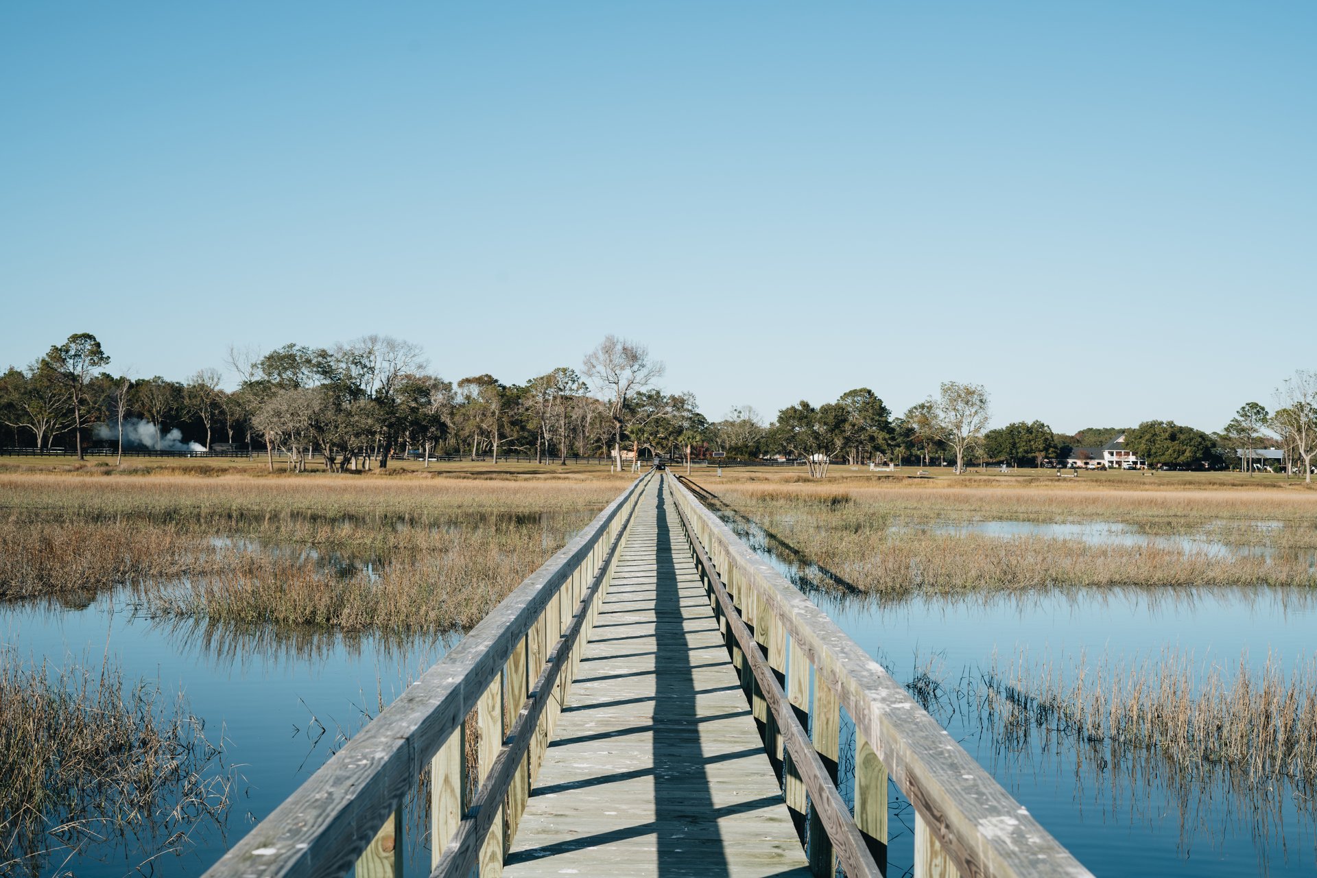 Boardwalk extending across Kiawah Island tidal marsh