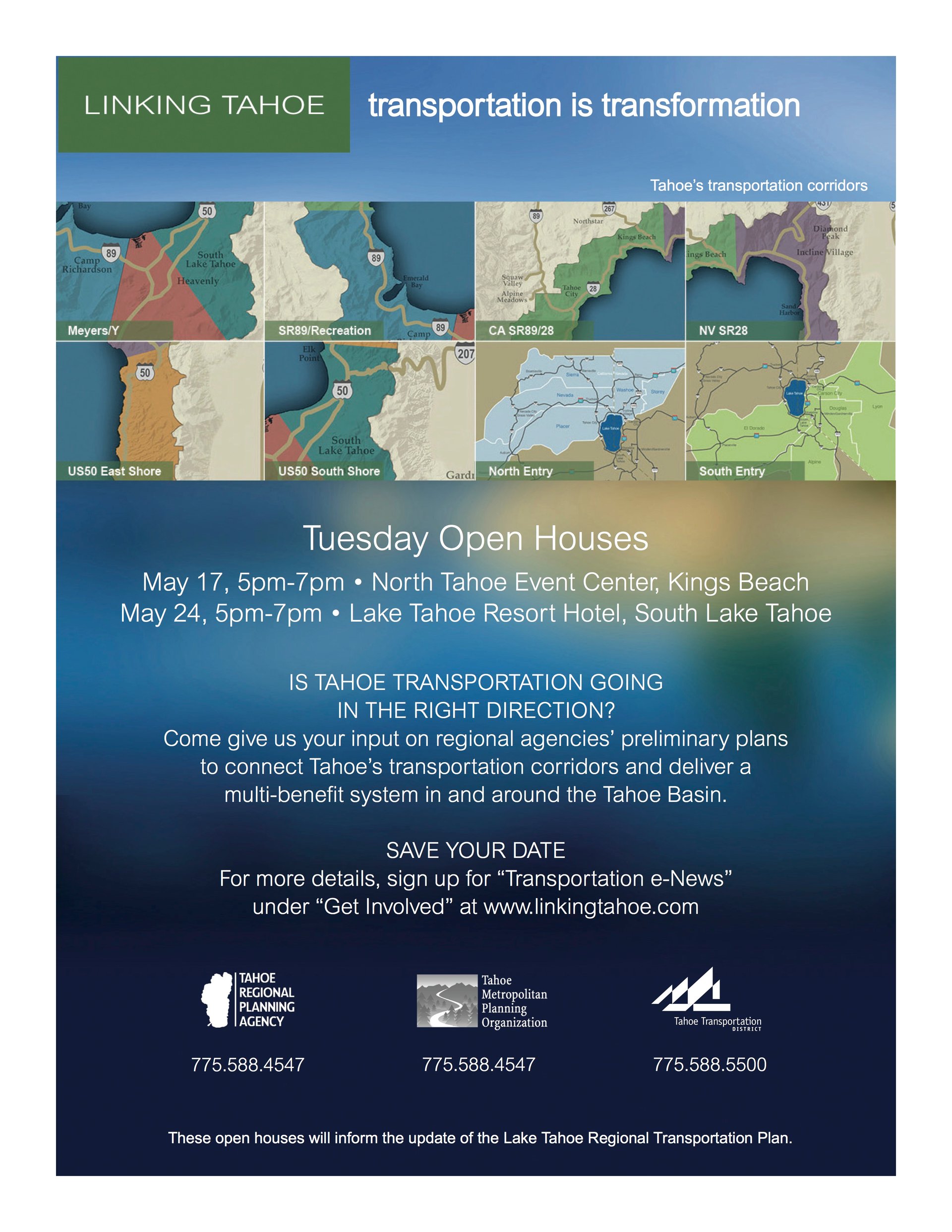 Linking Tahoe flyer advertising transportation-plan open houses with corridor maps and event details.