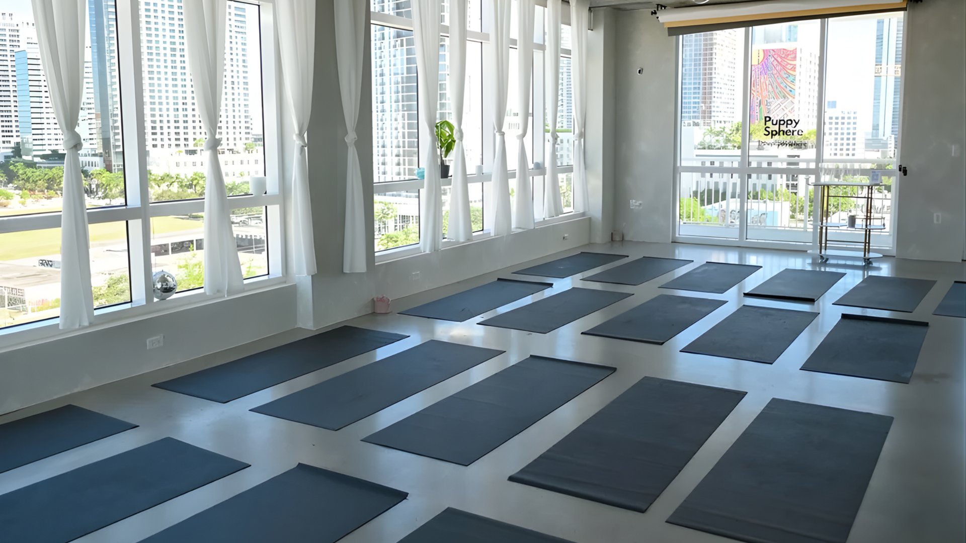 Spacious yoga studio with blue mats arranged in rows and panoramic downtown Miami skyline views - The Edit Real Estate