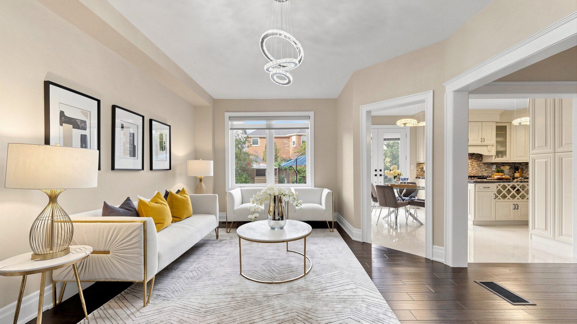 Staged living room at 2353 Woodcrest Dr, Oakville