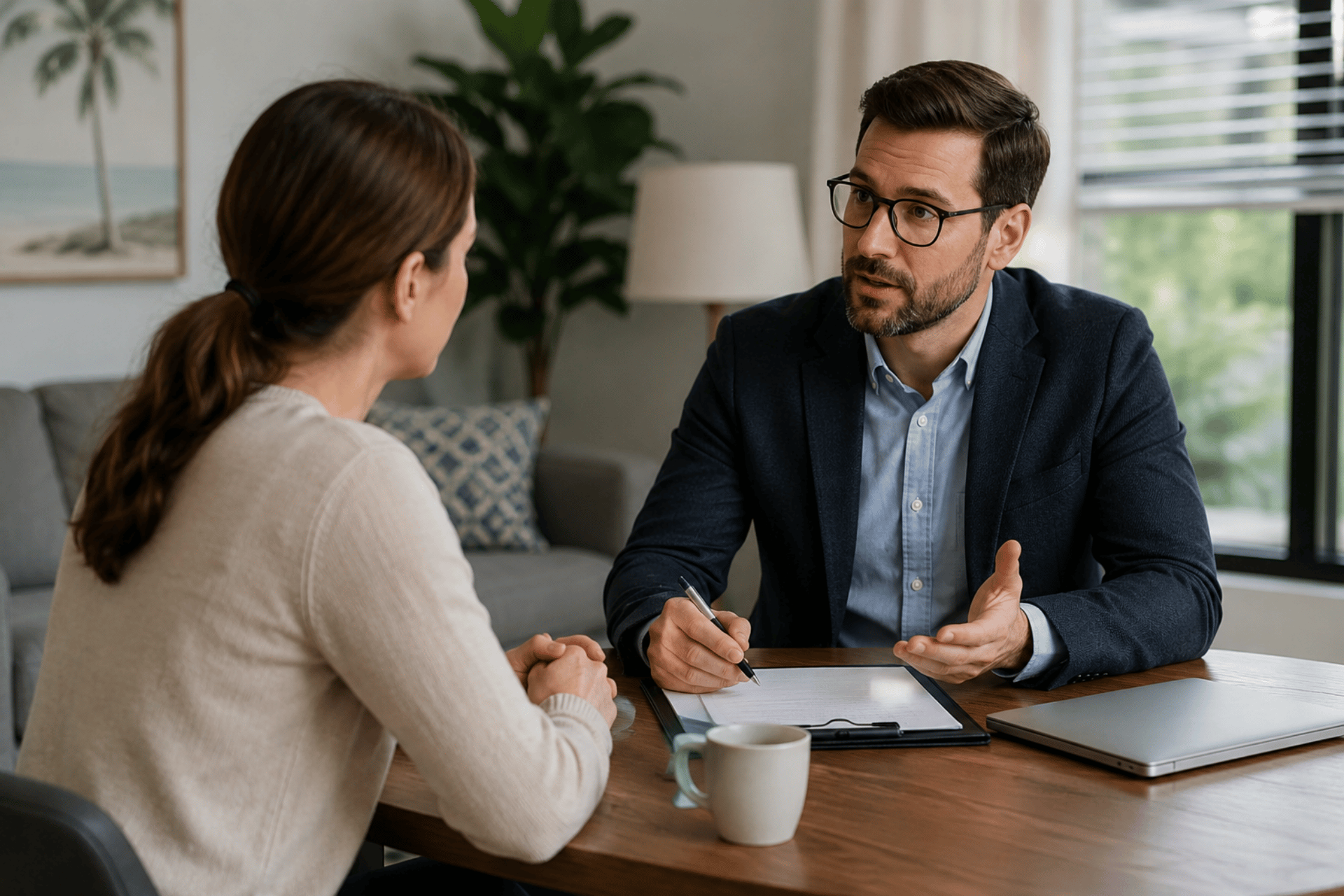 a-man-in-a-suit-talks-to-a-woman-in-a-sweater-at-a-wooden-table-he-gestures-with-a-pen-over-documents