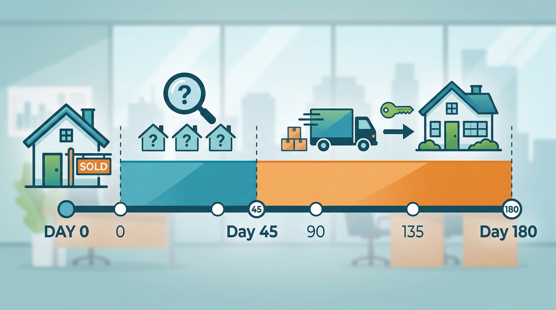 Timeline chart showing 45-day and 180-day rules for a 1031 exchange