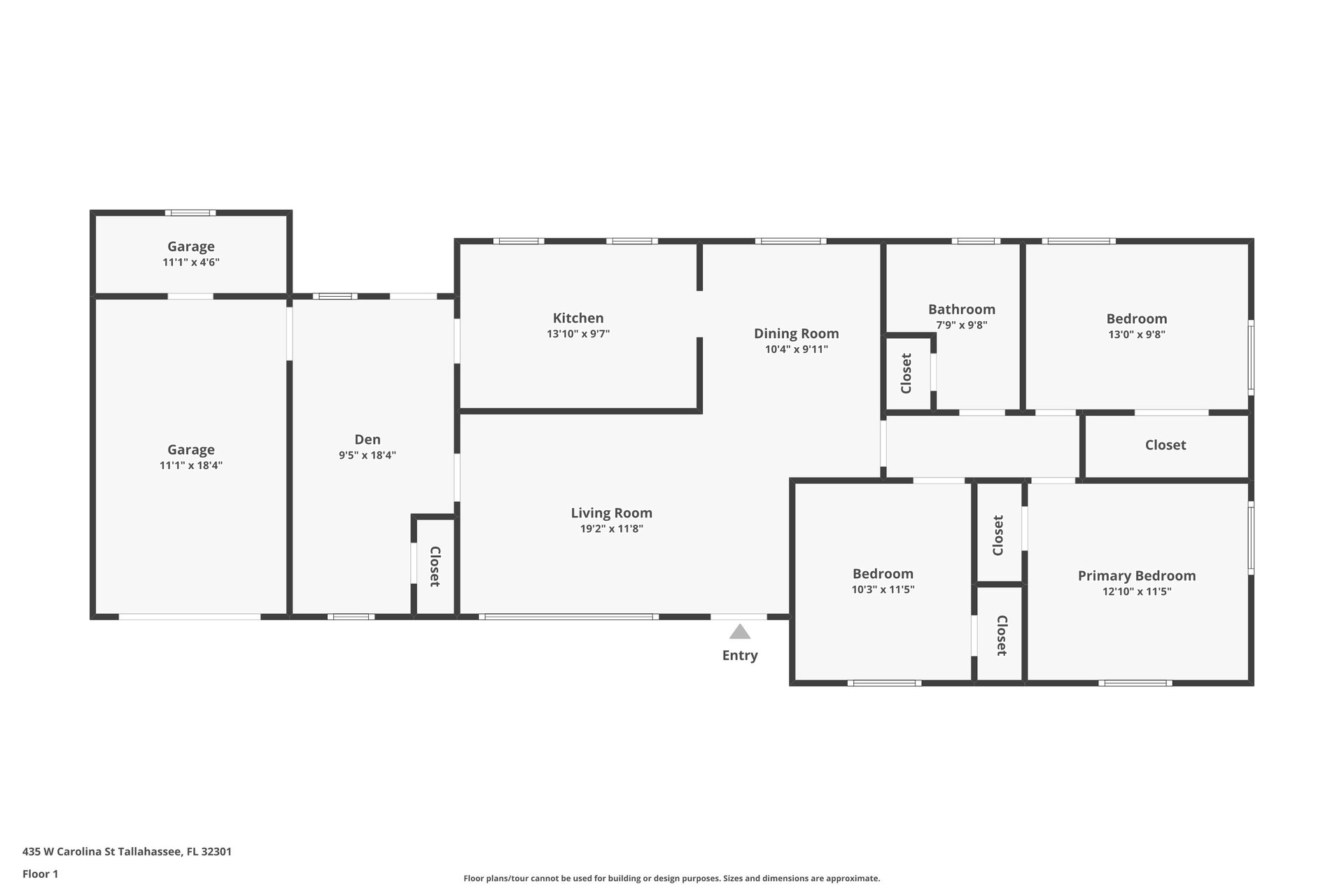 a floor plan of a 1 story house with 3 bedrooms and 1 bathroom