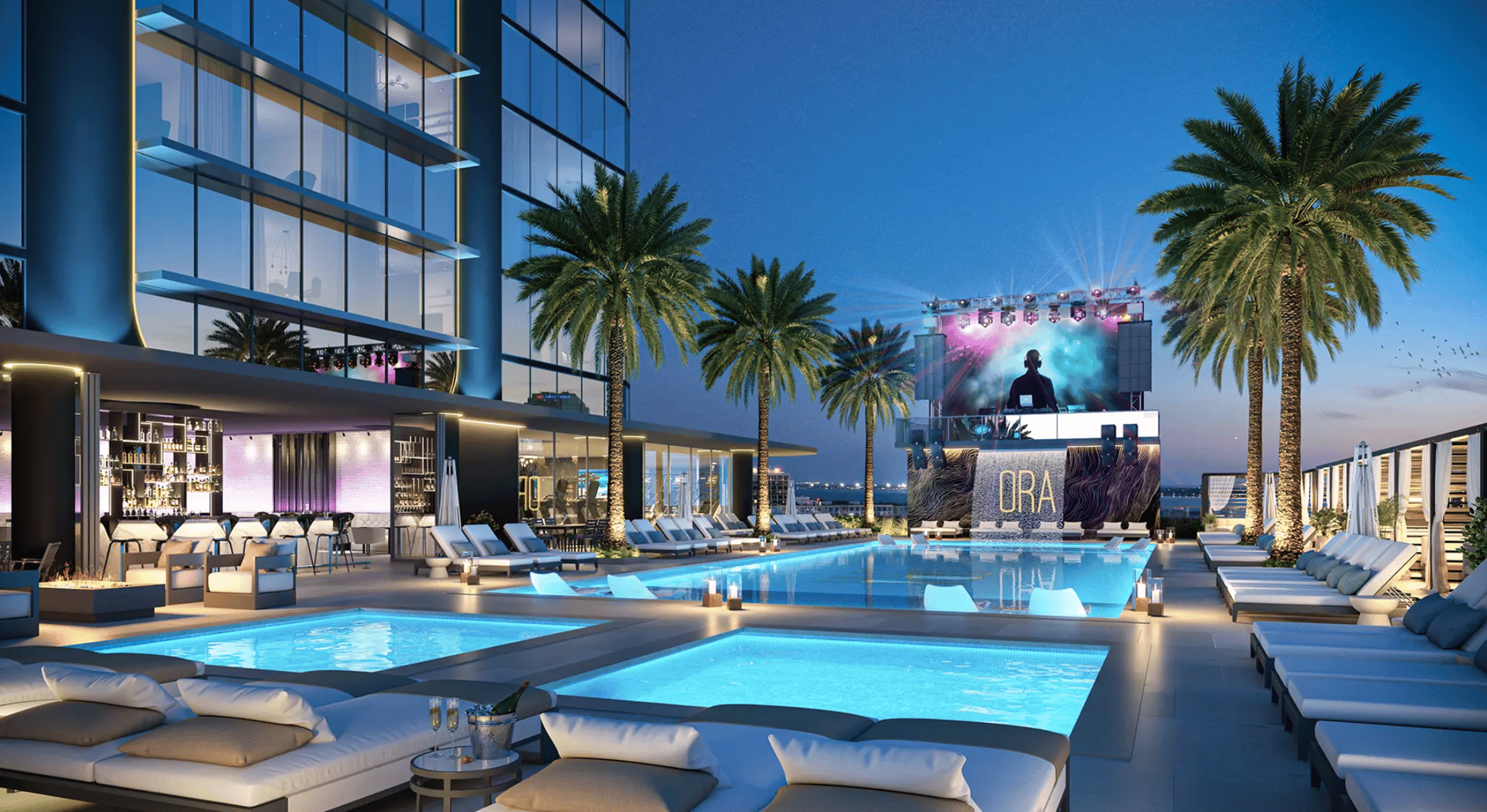 hotel ora pool area at night with dj booth in Downtown Tampa 