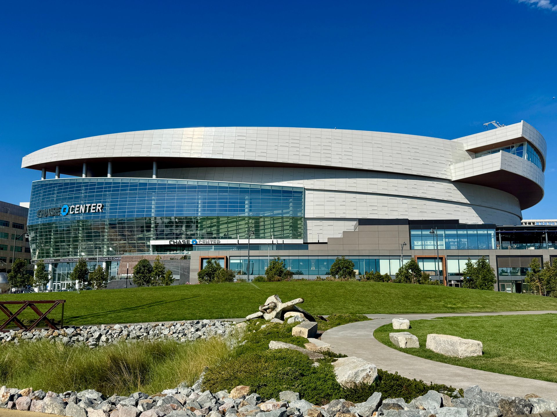 Chase Center with landscaped waterfront park in San Francisco