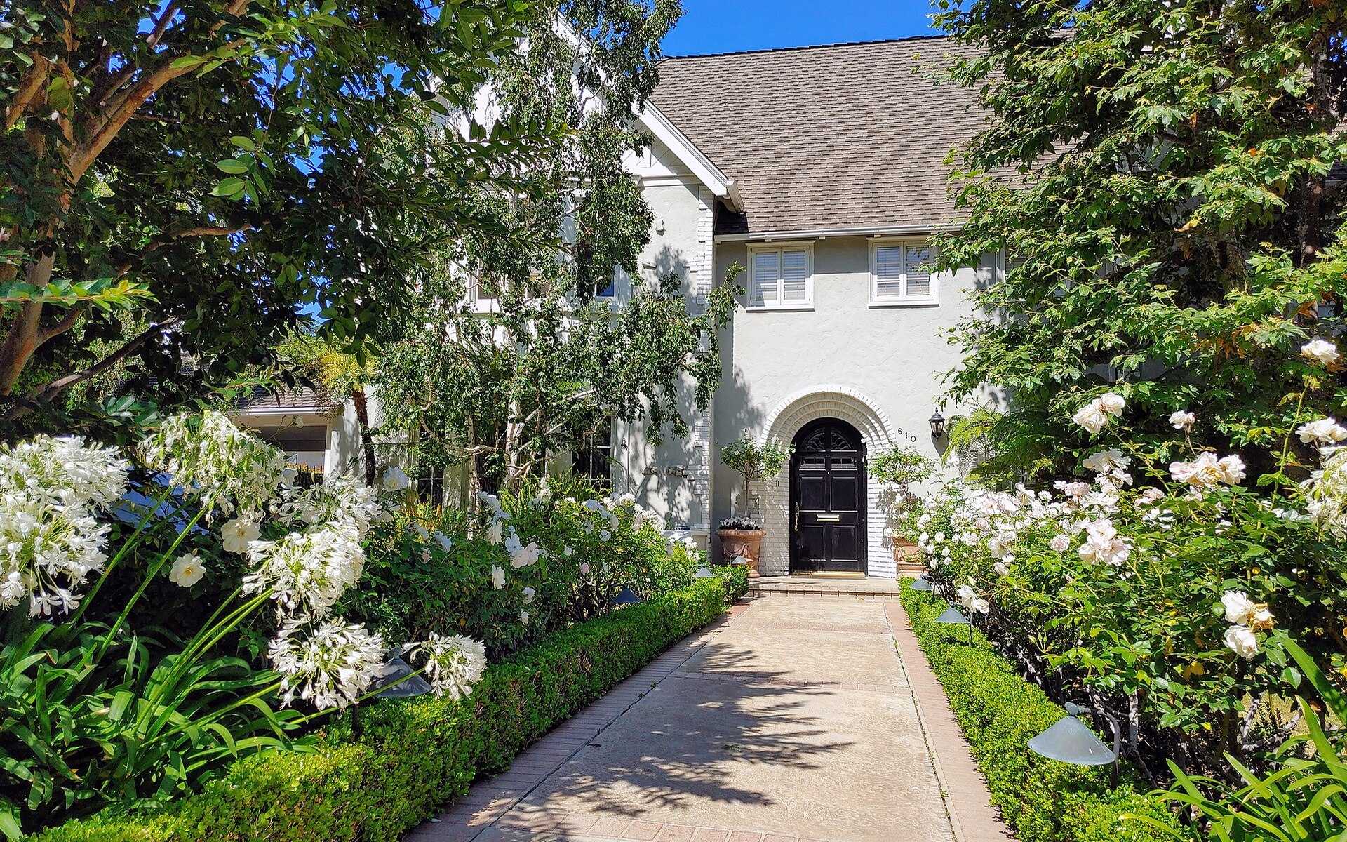Garden and home entrance on Elm Drive in Beverly Hills