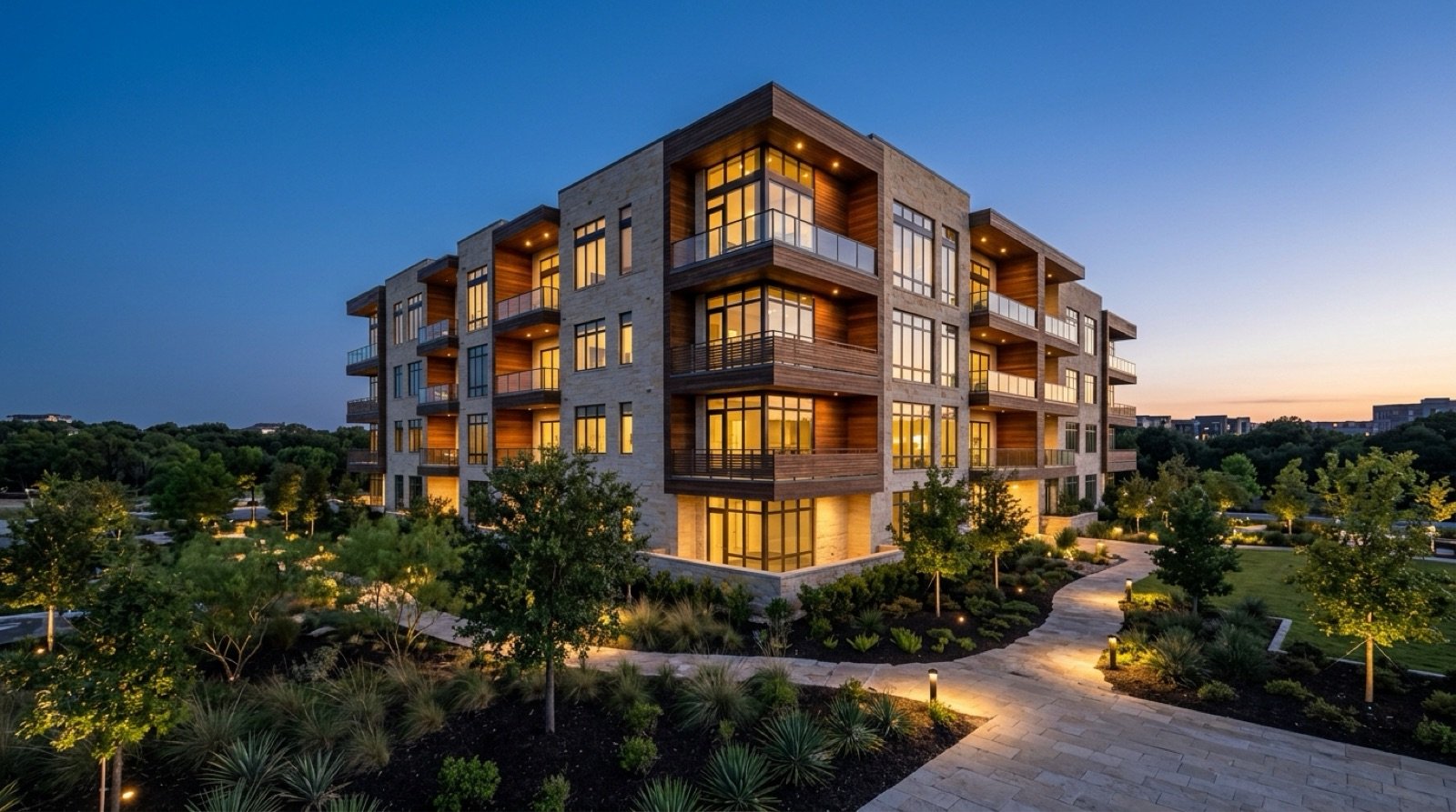 A mid-rise condominium building at dusk with lit windows in Central Texas