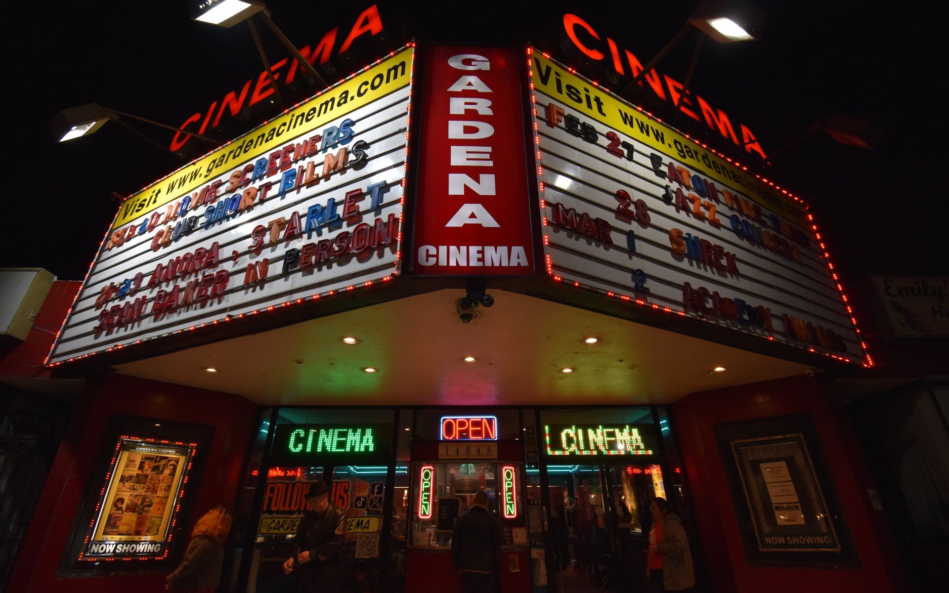 Gardena Cinema marquee at night, photographed in 2025