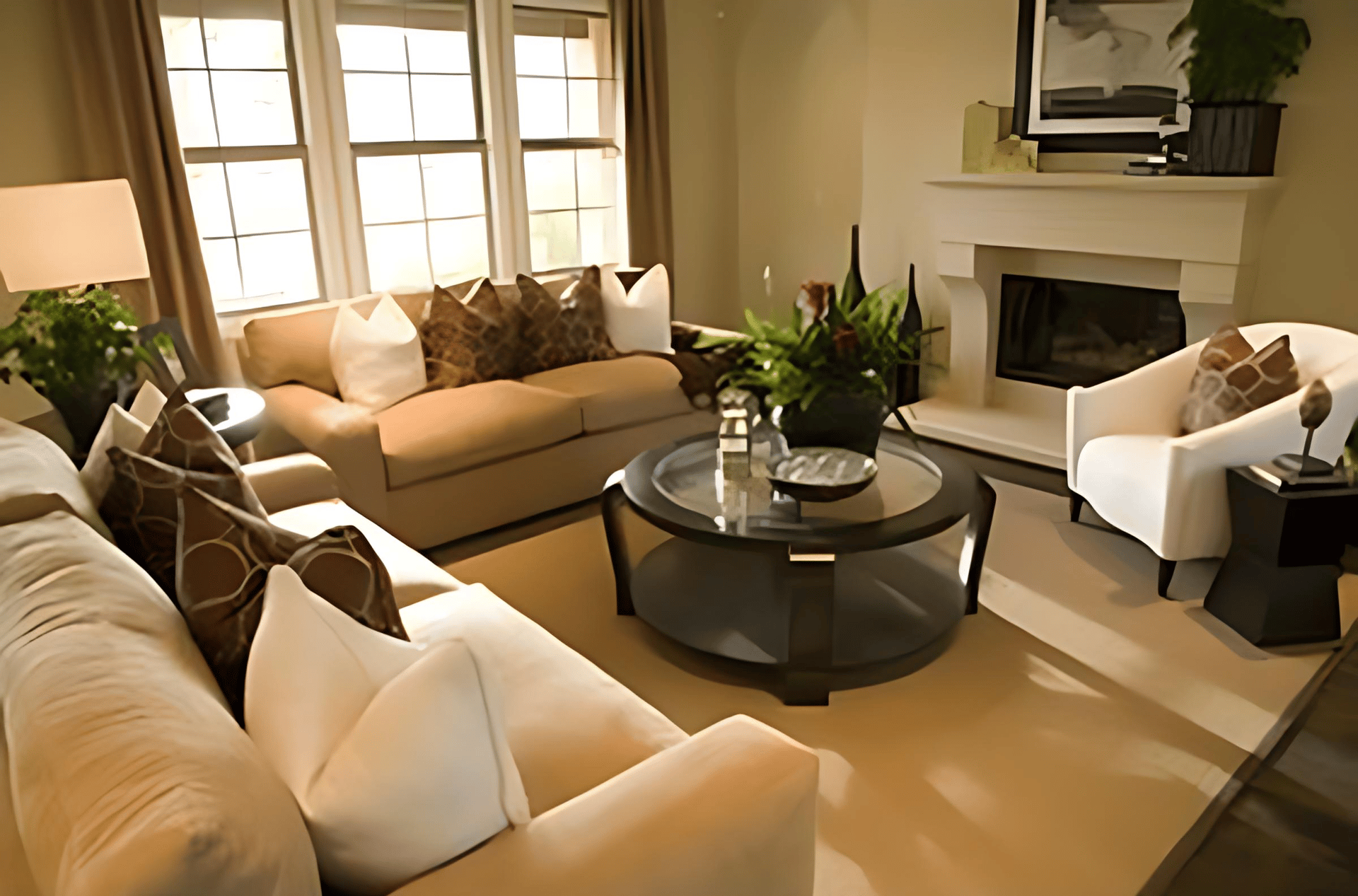 Living room with cream sofas, a round coffee table, sunlit windows, and a white fireplace.