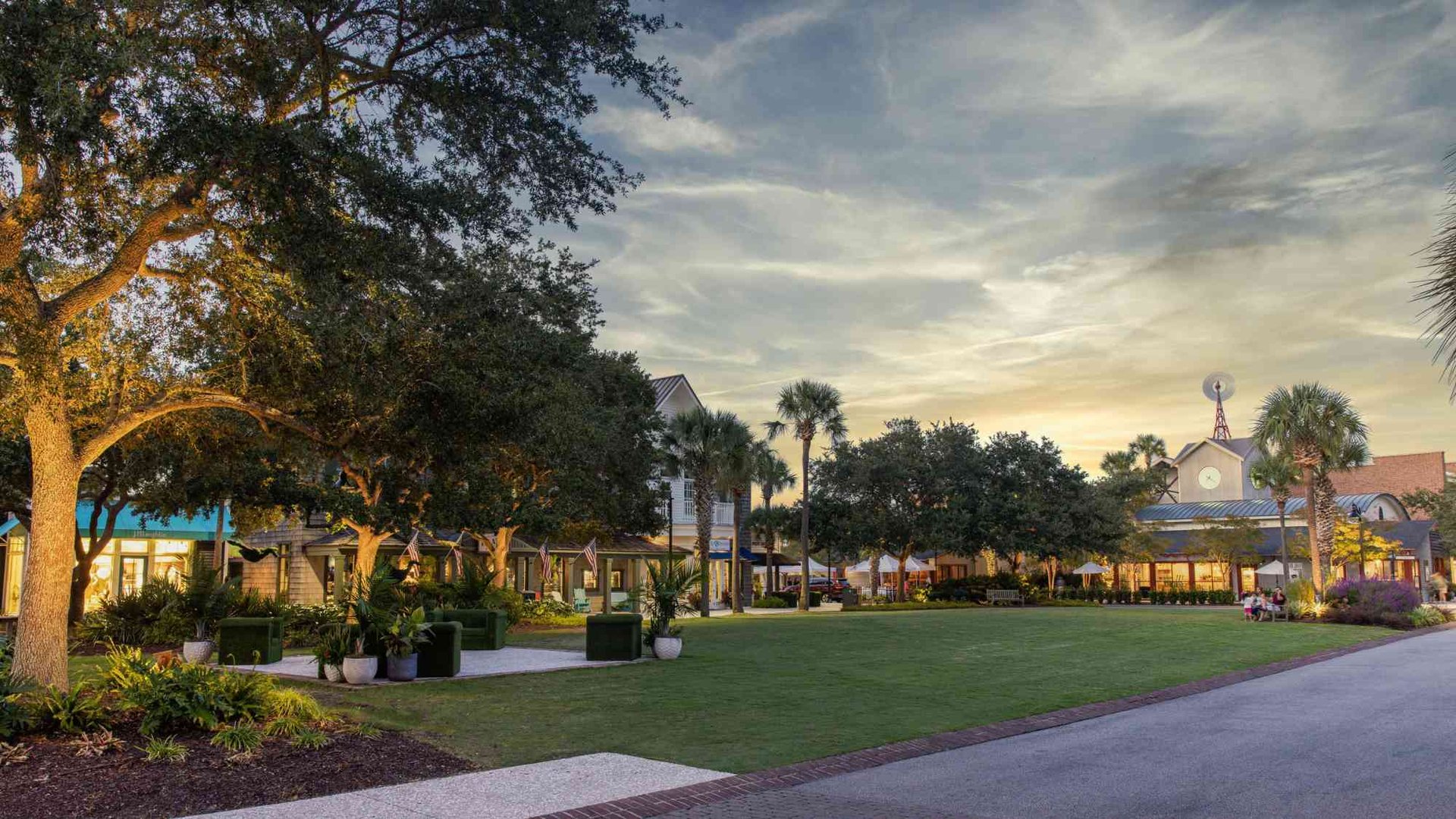 Freshfields Village near Kiawah Island at sunset, showcasing boutique shops and community spac