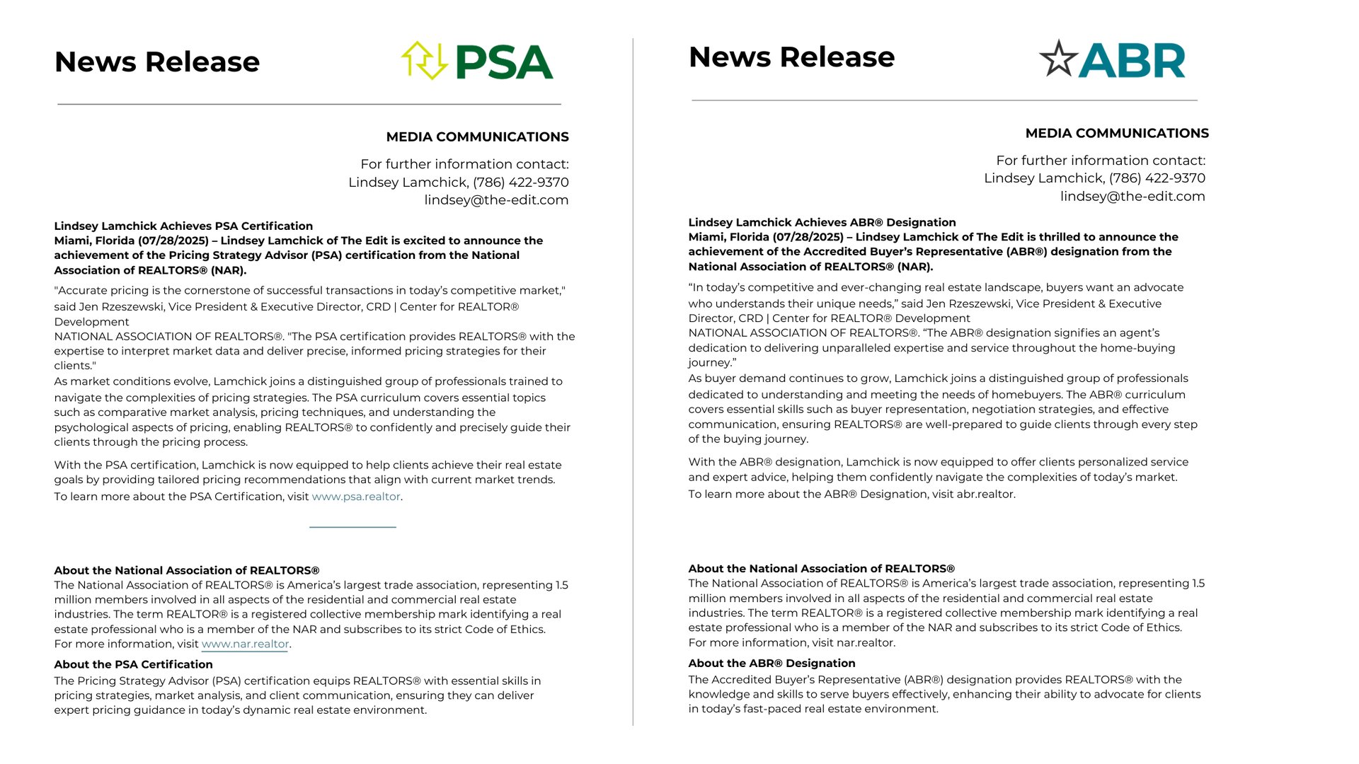NAR press releases announcing Lindsey Lamchick ABR and PSA accreditations from National Association of Realtors