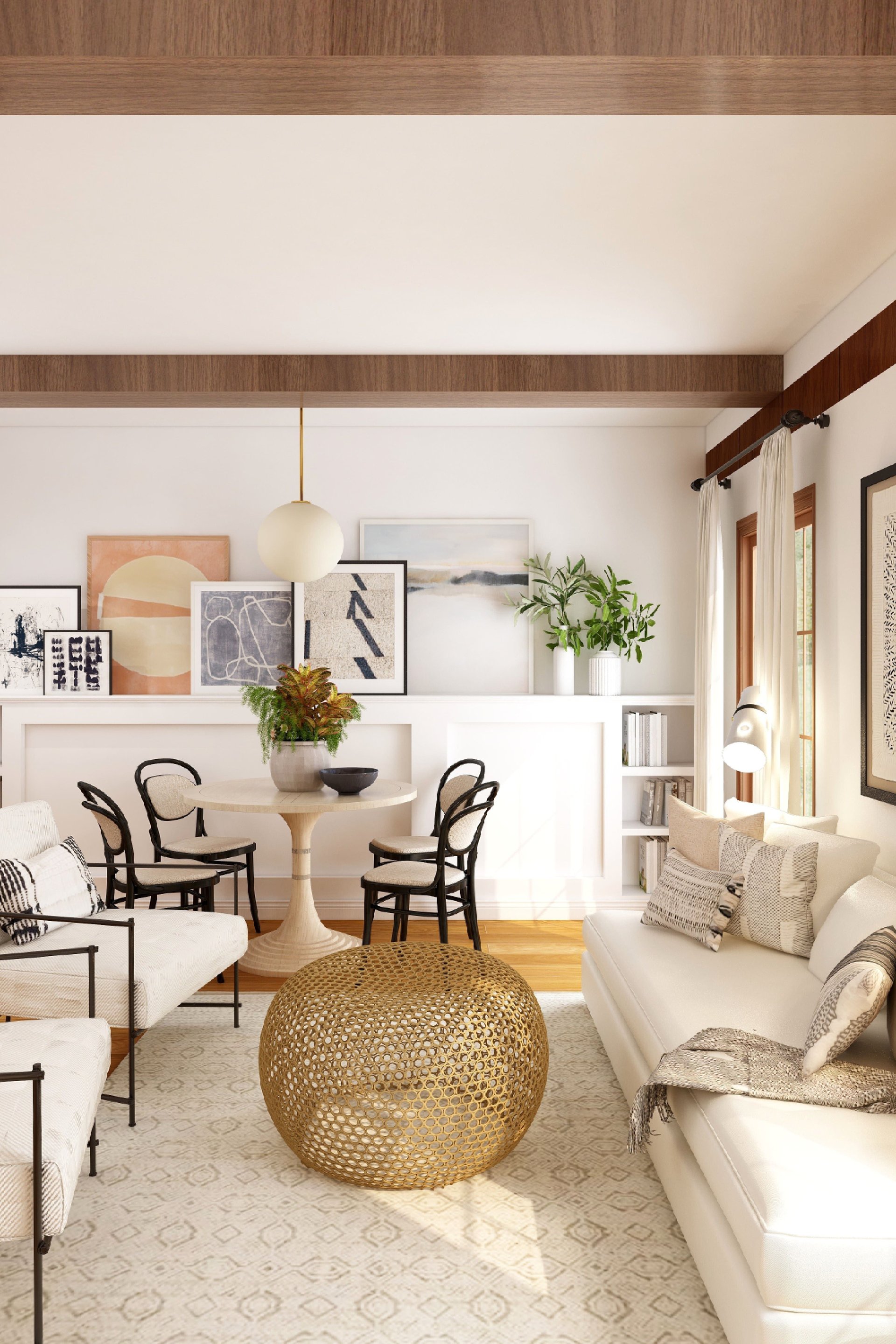Bright living and dining room with built-in shelving, a woven ottoman, and sunlight through tall windows.