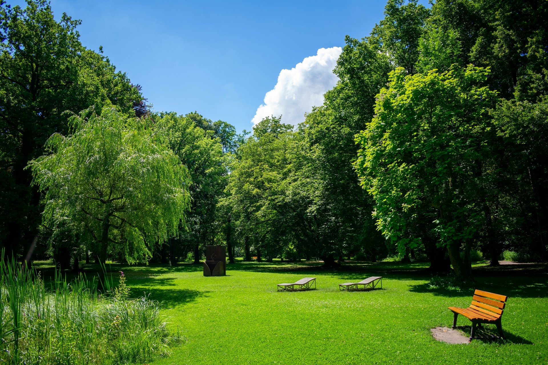 Green park with mature trees, open lawn, and outdoor seating