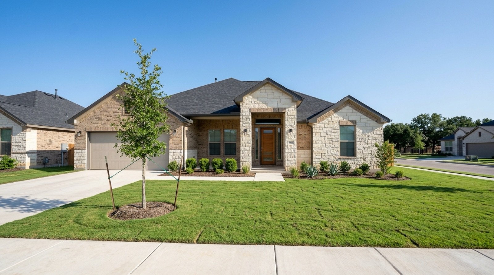 A newly built single-story limestone and brick house with fresh sod in a Central Texas subdivision