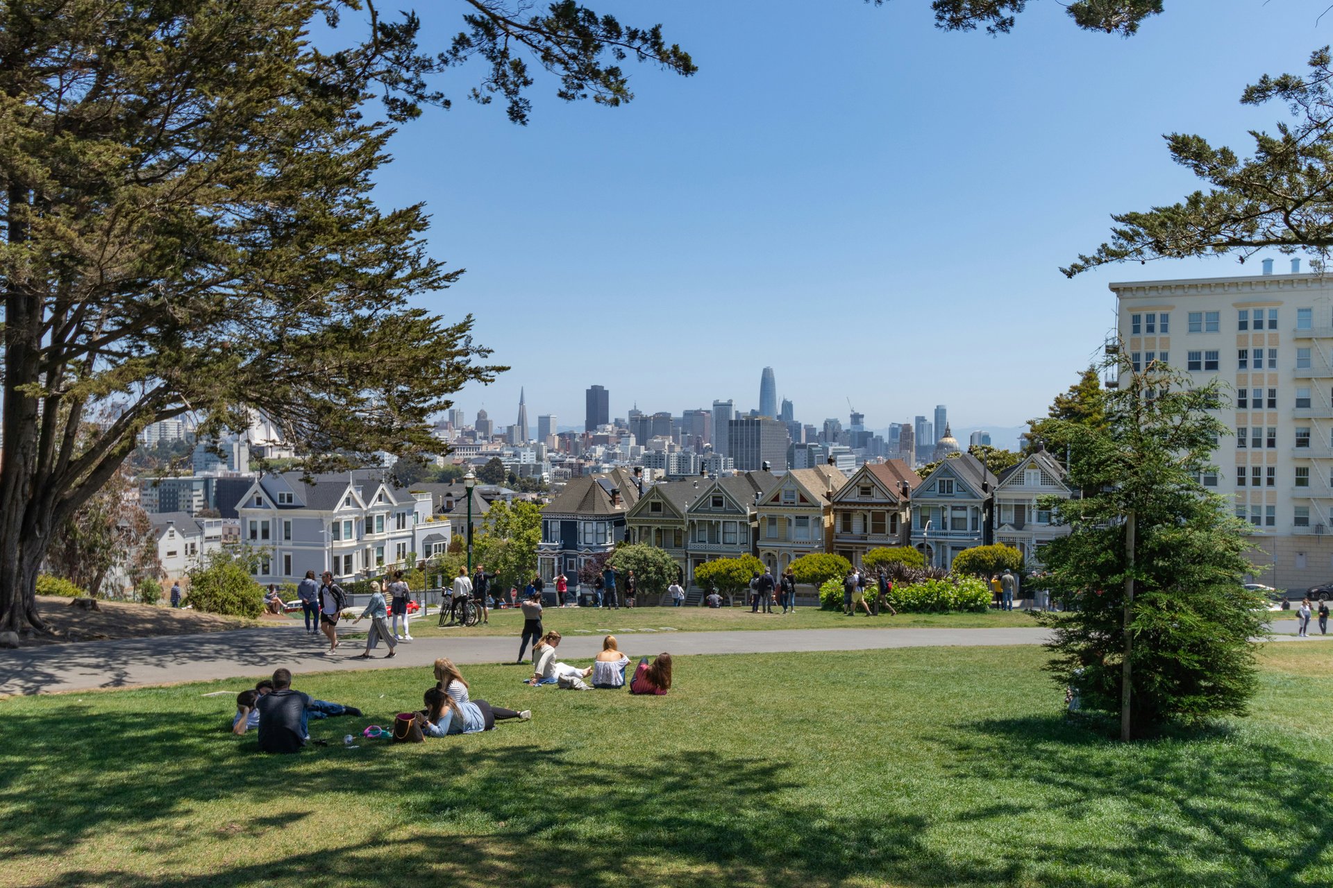 People relaxing at Alamo Square with the Painted Ladies and San Francisco skyline