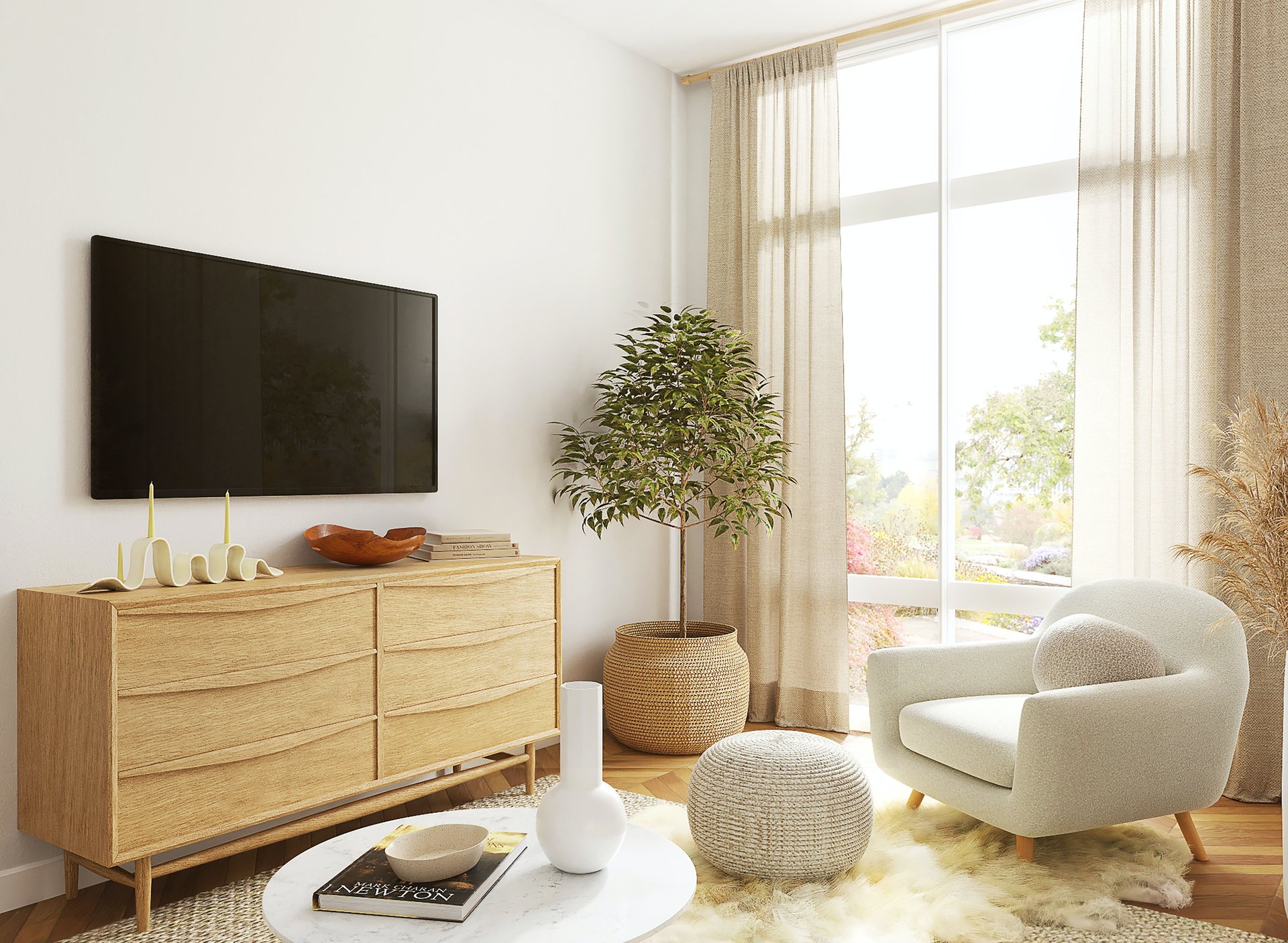 Bright living room with a light wood console, potted tree, and cream armchair beside large windows.