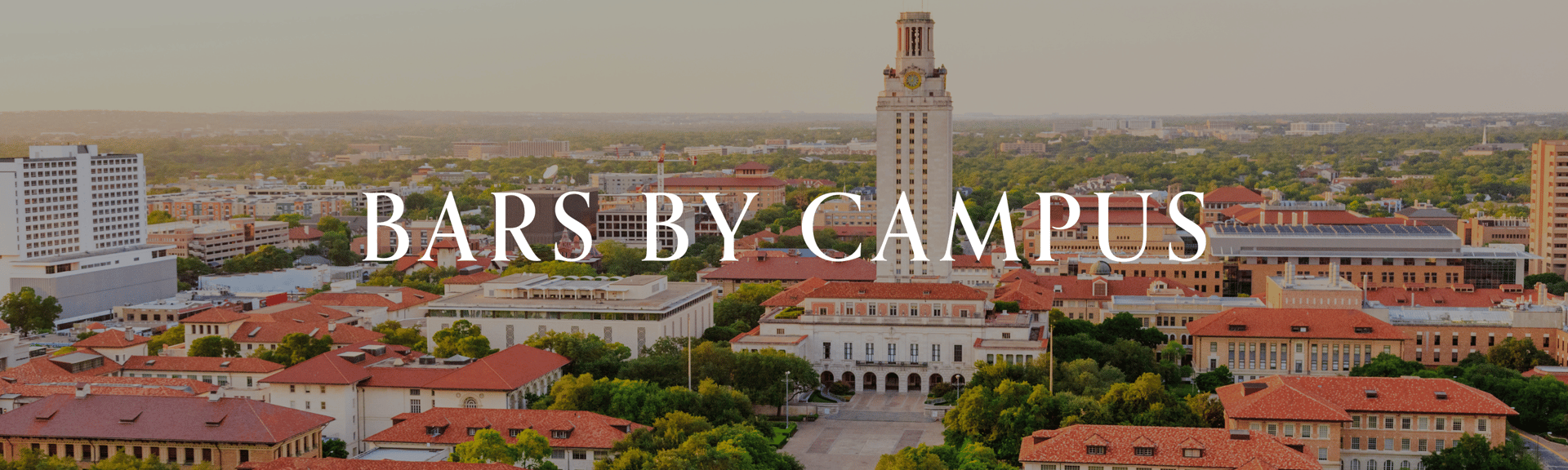 Aerial view of a campus with red-roofed buildings and a tall clock tower, overlaid with the text "BARS BY CAMPUS."
