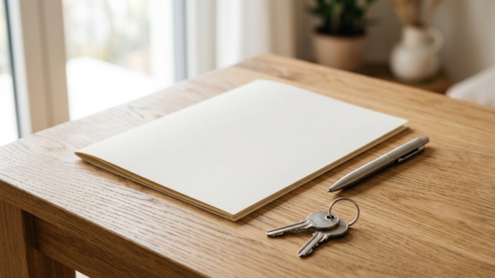 A blank document folder, a pen and house keys on a wooden desk, for signing a Texas buyer agreement
