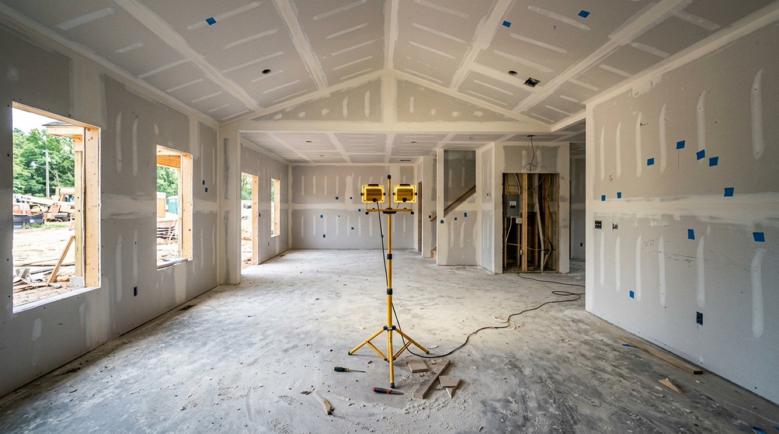 A new house under construction with drywall up and blue tape marks on the walls