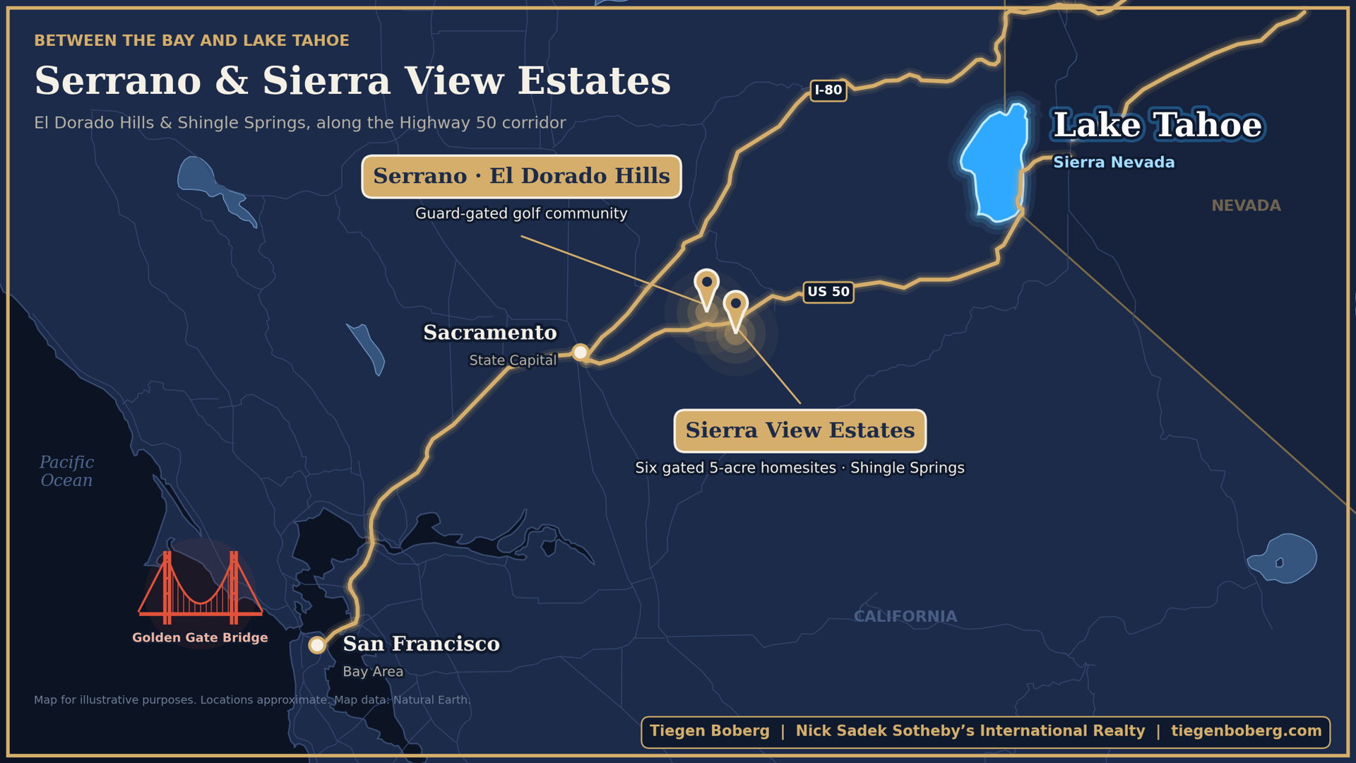 Map showing Serrano in El Dorado Hills and Sierra View Estates in Shingle Springs along the Highway 50 corridor between San Francisco, Sacramento and Lake Tahoe