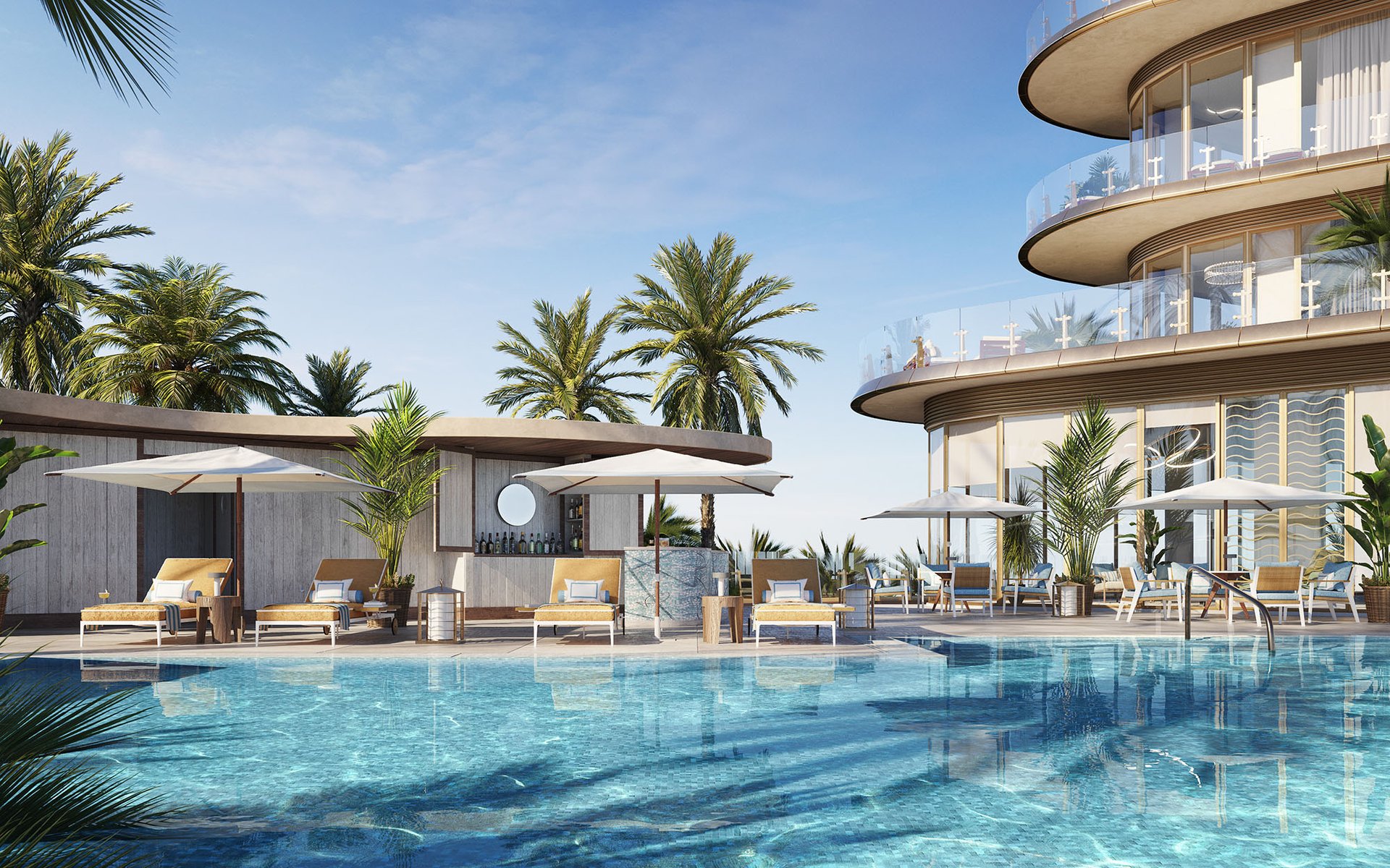 Residential pool terrace with a curved glass tower, palm trees, and umbrella-shaded loungers.