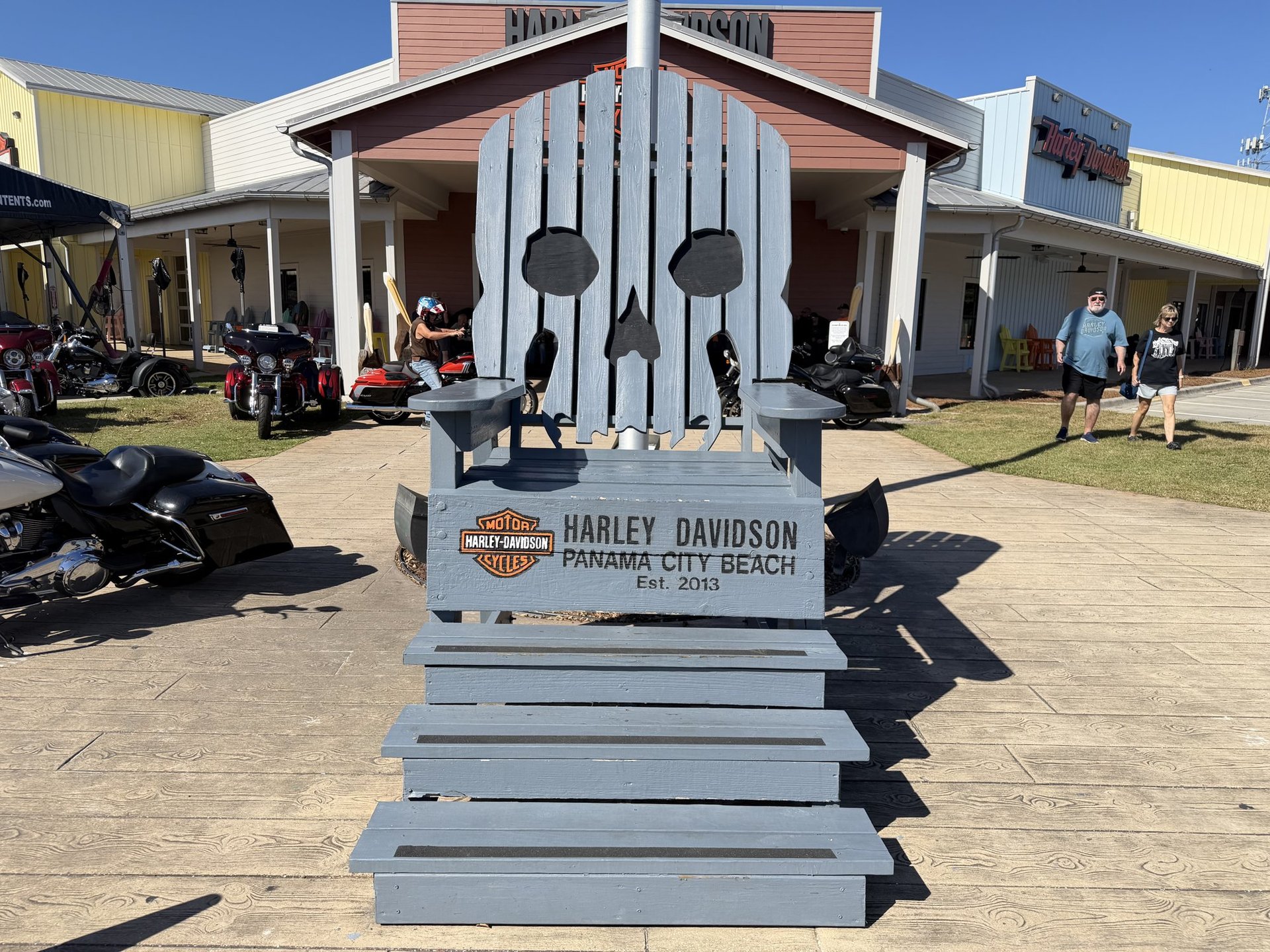 Giant skull Adirondack chair reading Harley Davidson Panama City Beach Est. 2013